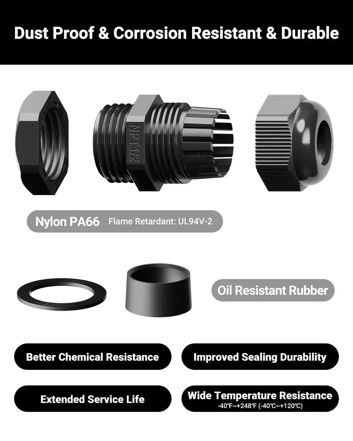Multi Size Nylon Waterproof Cable Gland Kit With IP68 Cord Grips, 50 Piece Set For Electrical Panels And Lighting Setups, NPT One Quarter Inch To One Inch, Strain Relief Grommets, Black - Image 4