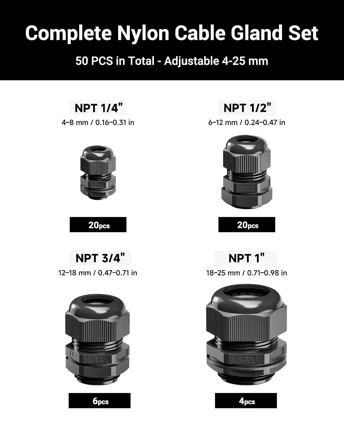Multi Size Nylon Waterproof Cable Gland Kit With IP68 Cord Grips, 50 Piece Set For Electrical Panels And Lighting Setups, NPT One Quarter Inch To One Inch, Strain Relief Grommets, Black - Image 9