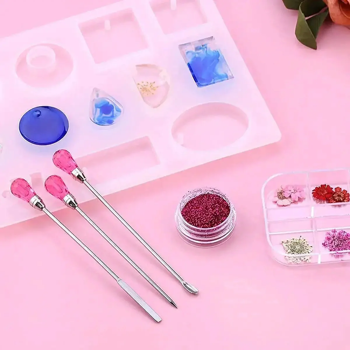 Must-Have 11 Pcs Resin Tools Kit With Stirrers Spoons Poke Needles Anti-Static Tweezers And Pipette For Resin Art Jewelry Making Epoxy Casting DIY Crafts Rose Red - Image 3