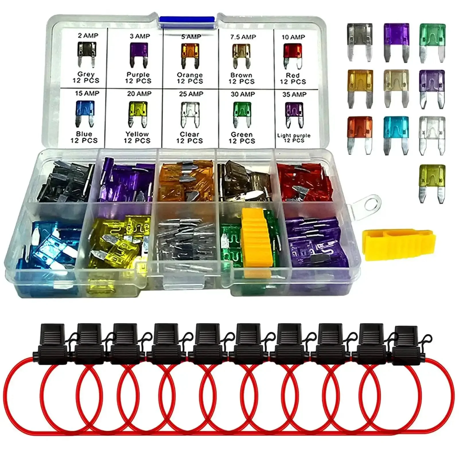 Must Have 12V Mini Fuse Holder Kit With 120 Piece Multi Size Blade Fuses 2A 3A 5A Seven Point Five Amp 10A 15A 20A 25A 30A 35A And 10 Inline 14AWG Holders For Easy Car Audio And RV Protection