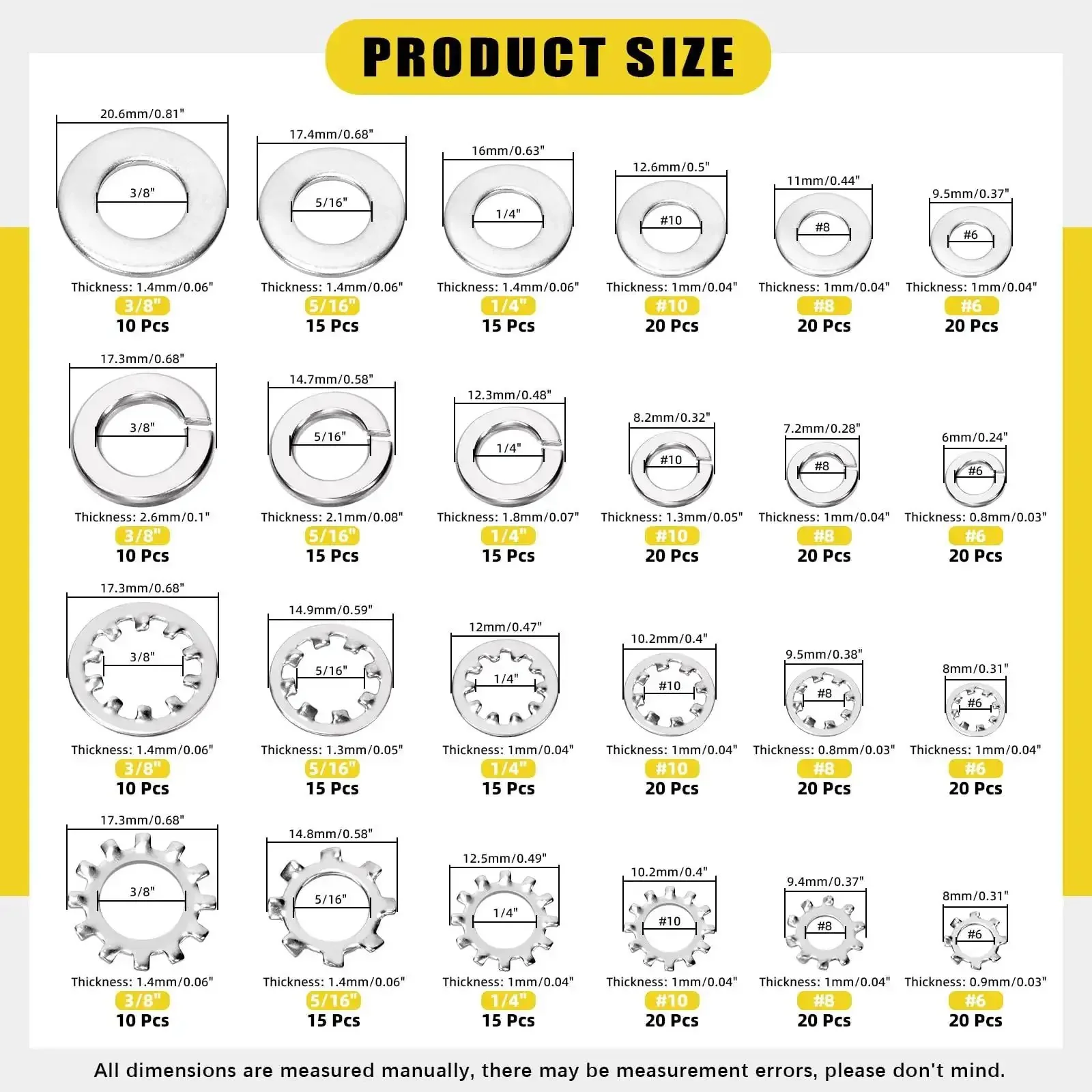 Must Have 400 Piece Stainless Steel Lock Washer Set With Flat, Split, Internal Tooth And External Tooth Washers In Six Sizes Six, Eight, Ten And One Quarter, Five Sixteenths, Three Eighths Inch For Screws Bolts Fasteners SAE - Image 7