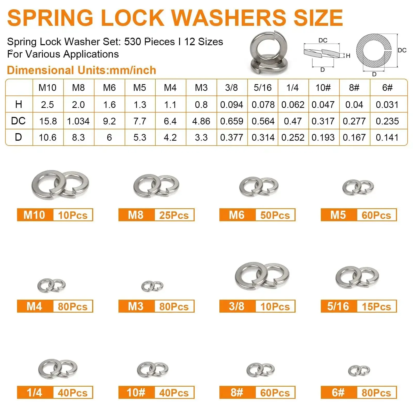 Must-Have 530 Pcs Spring Lock Washer Set With Metric And SAE Sizes M3 To M10 And 1/4 To 3/8 Stainless Steel 304 Lock And Flat Washers For Screws And Bolts, Handy Auto DIY Kit - Image 7