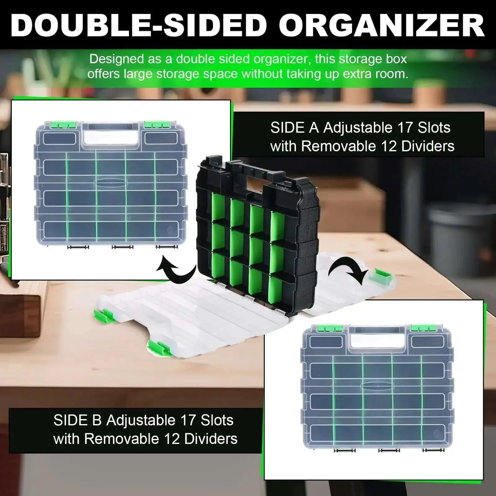 Must Have Dual Side 34 Compartment Hardware Organizer Box With Removable Dividers And Transparent Lid, 2 Pack Small Parts Storage For Screws Nuts Bolts Nails, Fishing Tackle, Jewelry And More - Image 4