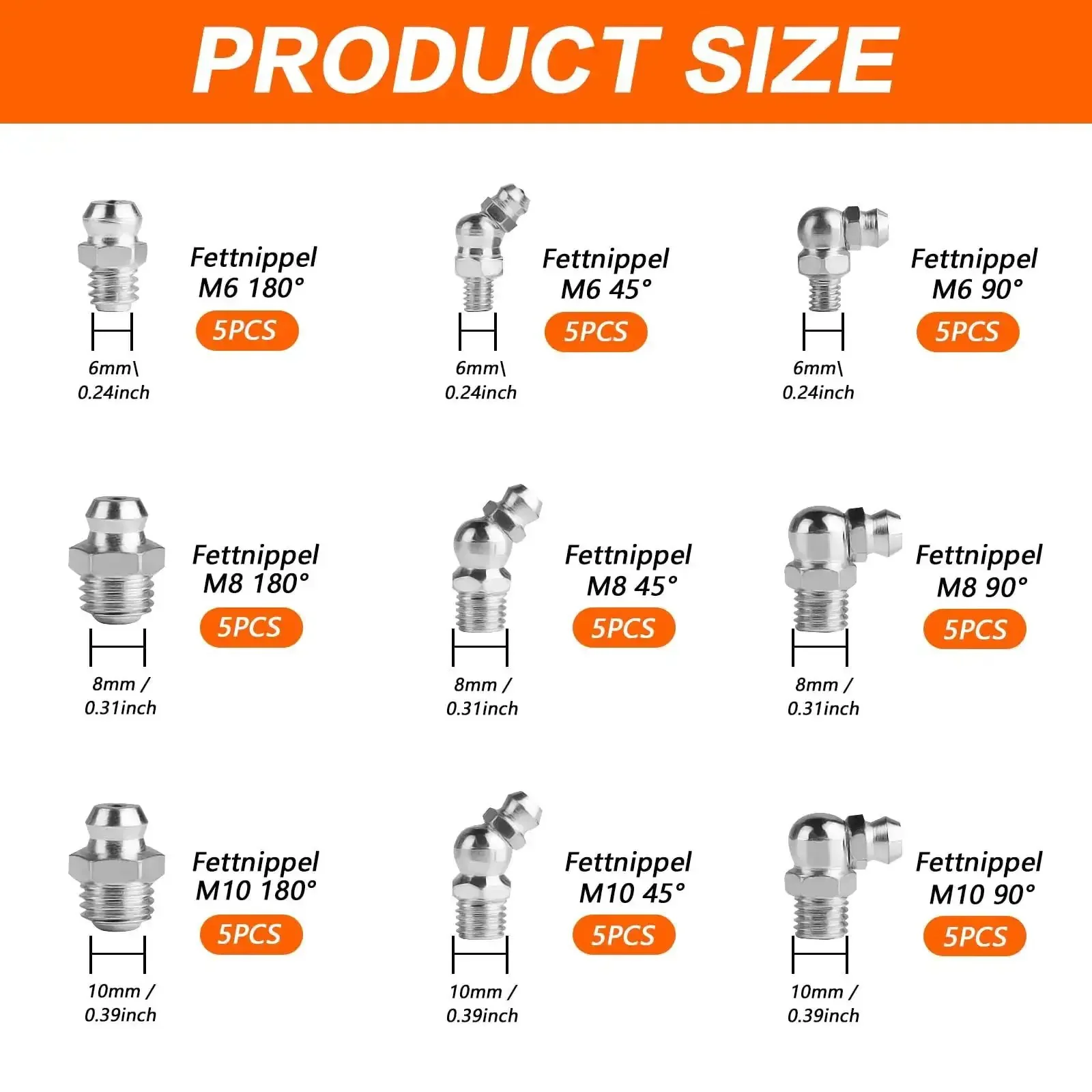 Must Have Heavy Duty 45 Piece Metric Grease Fittings Kit With M6 M8 M10 Straight And Angled Zerk Fittings For Hydraulic Grease Guns 45 90 And 180 Degree Assortment For Mechanical Lubrication - Image 7