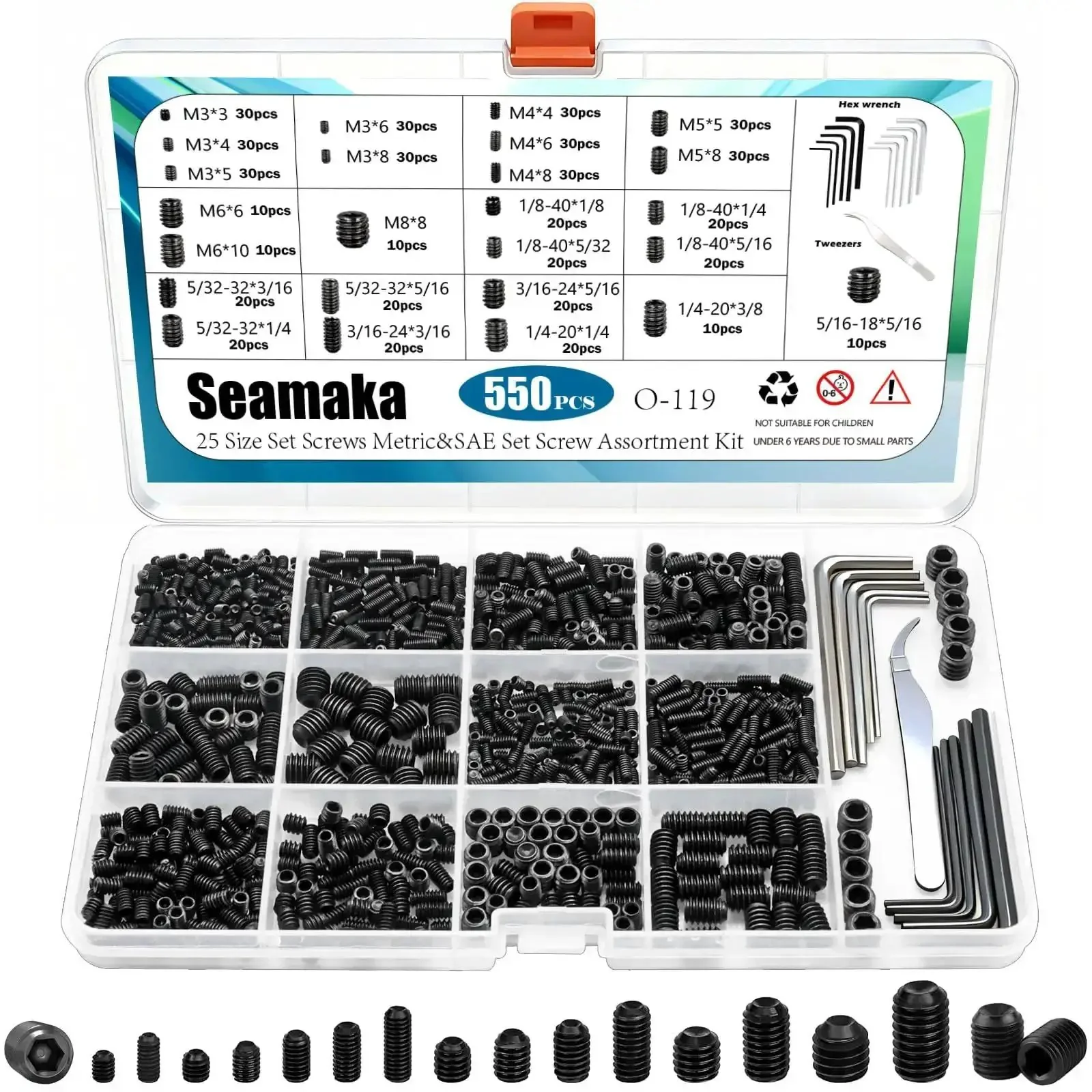 Must Have Heavy Duty Set Screw Assortment Kit 550 Pcs 25 Sizes Metric SAE Grub Screws M3 To M8 And 1/8 To 5/16 Inch Black 12.9 Alloy Steel For Bathroom Fixtures And Door Handles