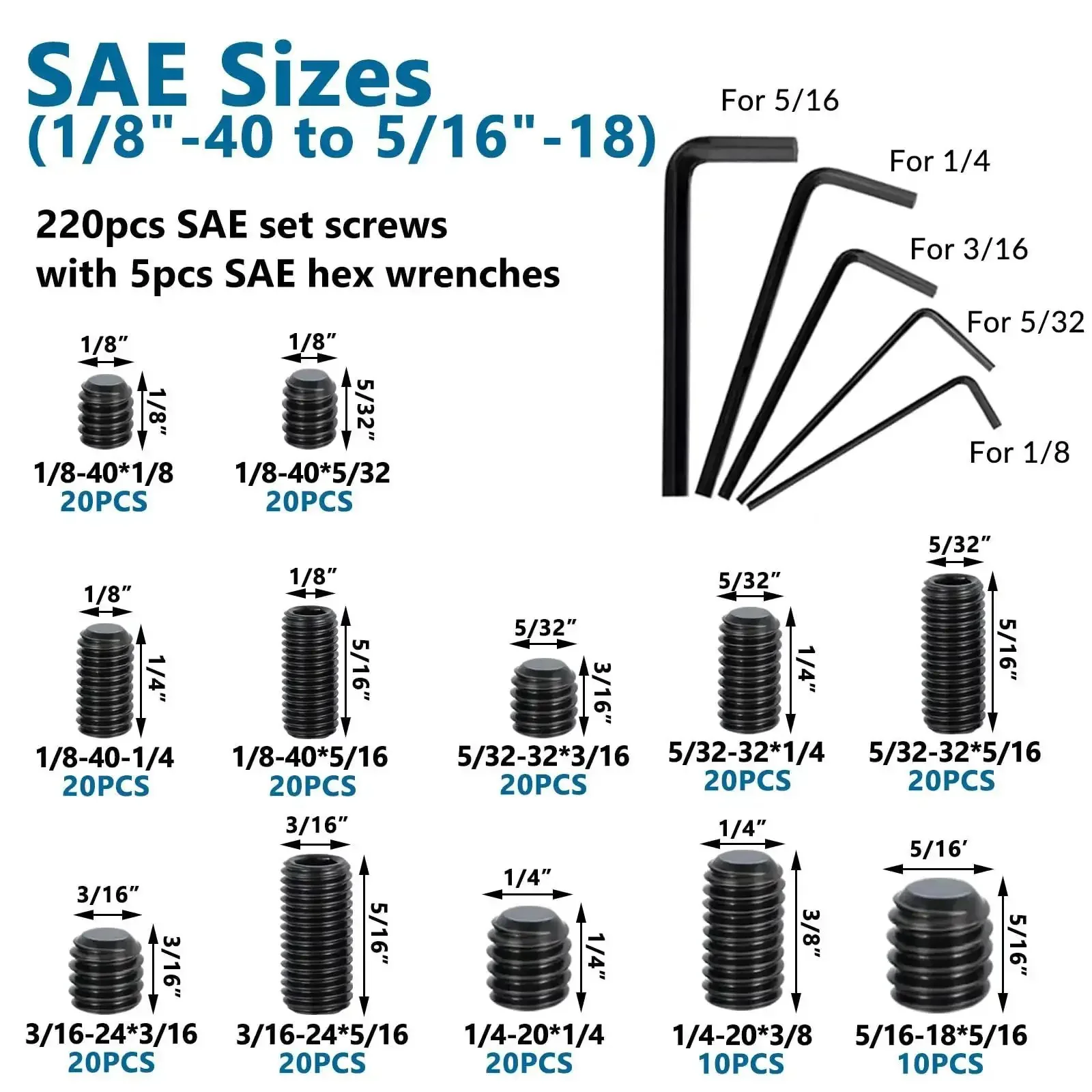 Must Have Heavy Duty Set Screw Assortment Kit 550 Pcs 25 Sizes Metric SAE Grub Screws M3 To M8 And 1/8 To 5/16 Inch Black 12.9 Alloy Steel For Bathroom Fixtures And Door Handles - Image 5