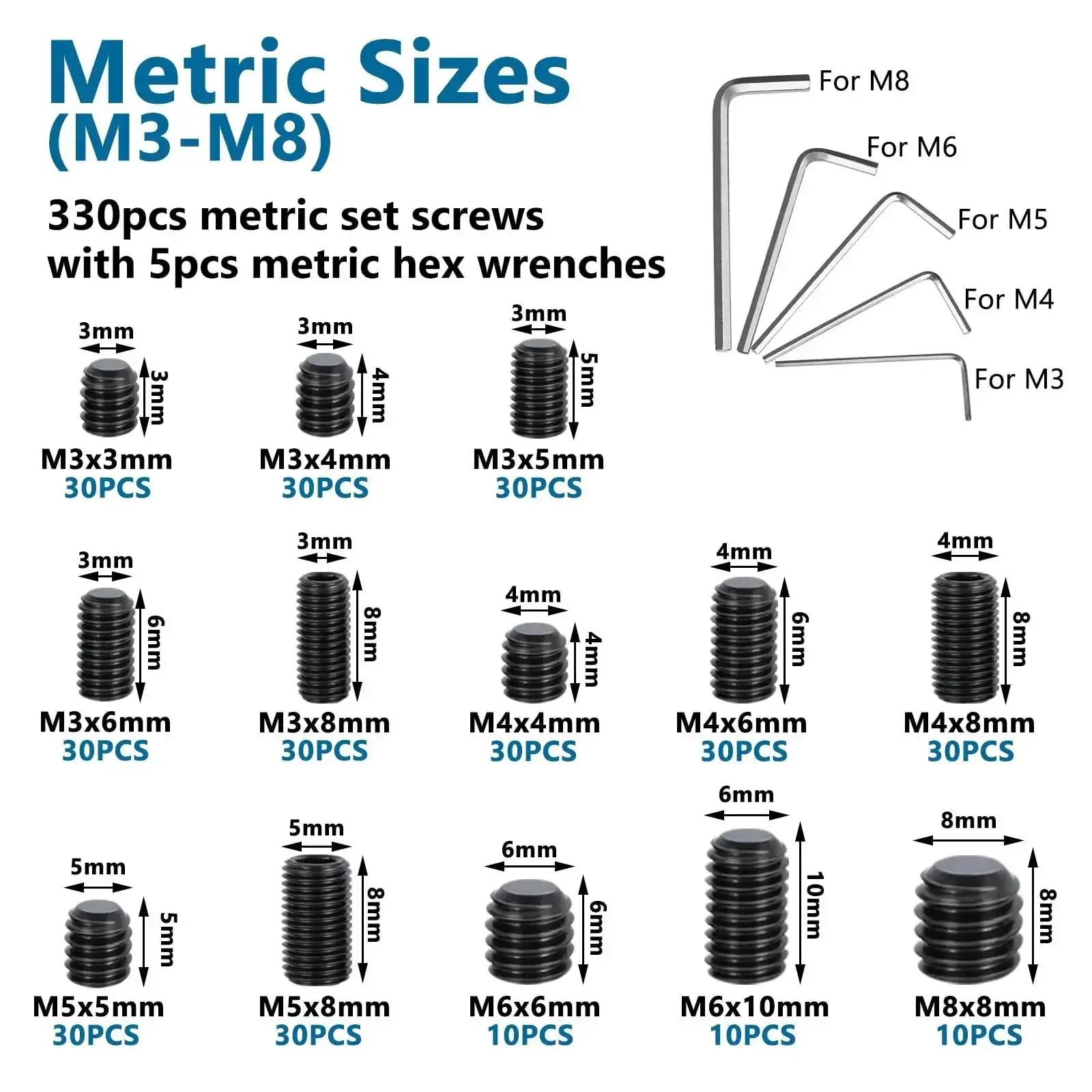 Must Have Heavy Duty Set Screw Assortment Kit 550 Pcs 25 Sizes Metric SAE Grub Screws M3 To M8 And 1/8 To 5/16 Inch Black 12.9 Alloy Steel For Bathroom Fixtures And Door Handles - Image 6