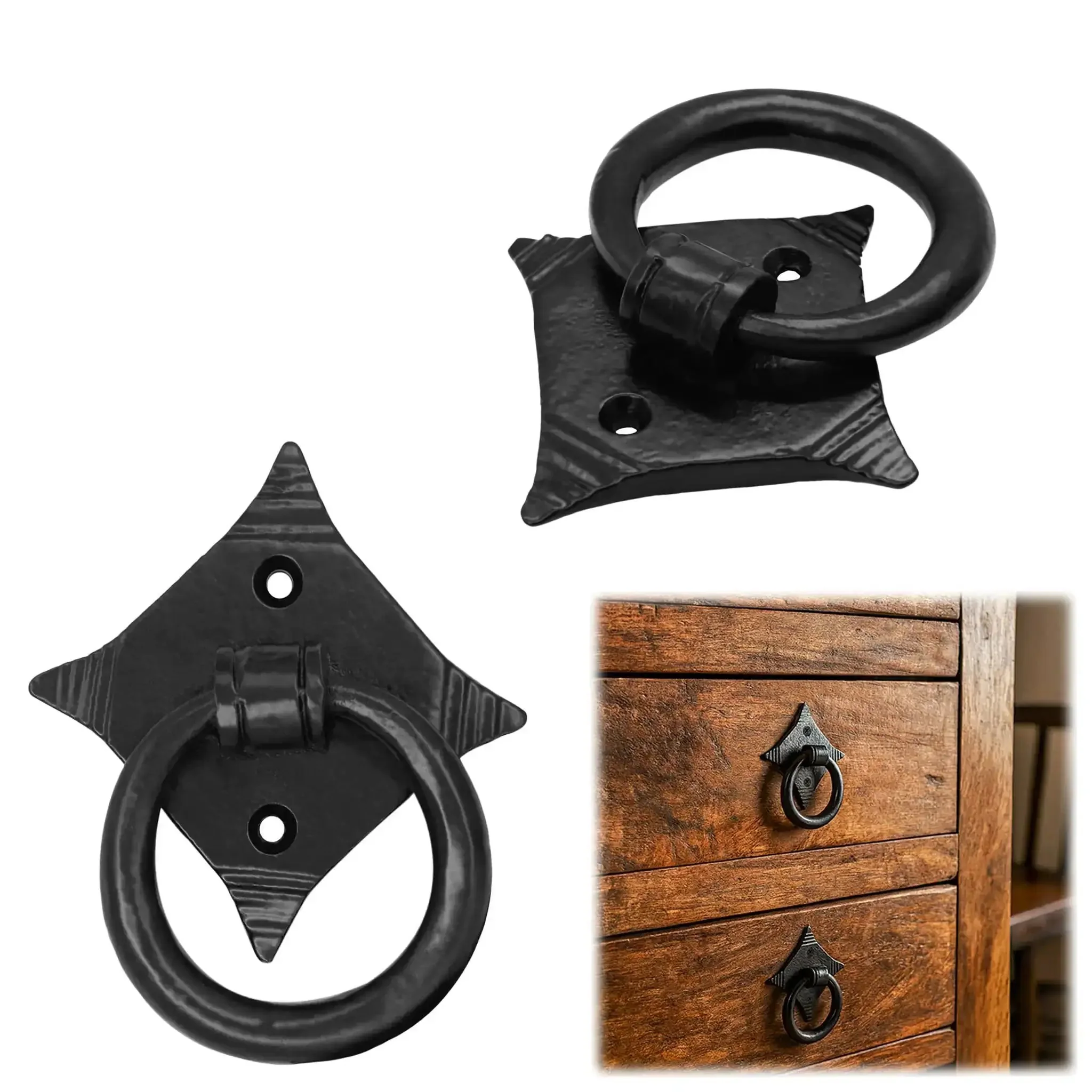 Mystic Colonial Cast Iron Ring Pull Handles With Screw Blackened Hammered Finish Antique Cabinet Hardware For Cabinets Drawers And Cupboards Rustic Farmhouse Style Two And Three Eighths Inch Square