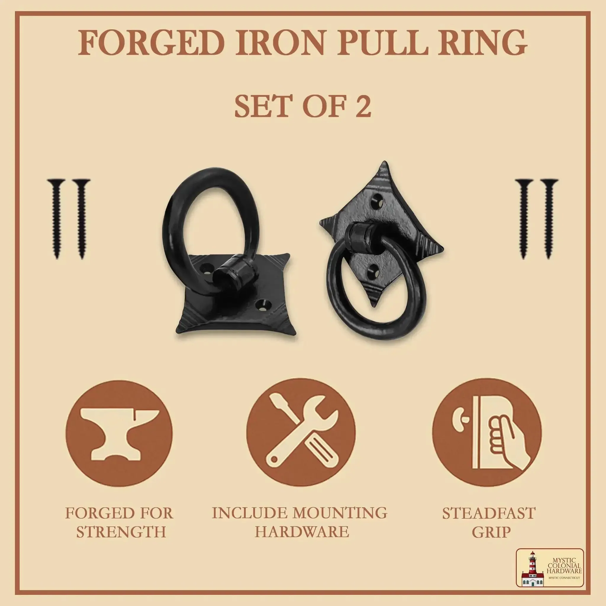 Mystic Colonial Cast Iron Ring Pull Handles With Screw Blackened Hammered Finish Antique Cabinet Hardware For Cabinets Drawers And Cupboards Rustic Farmhouse Style Two And Three Eighths Inch Square - Image 6