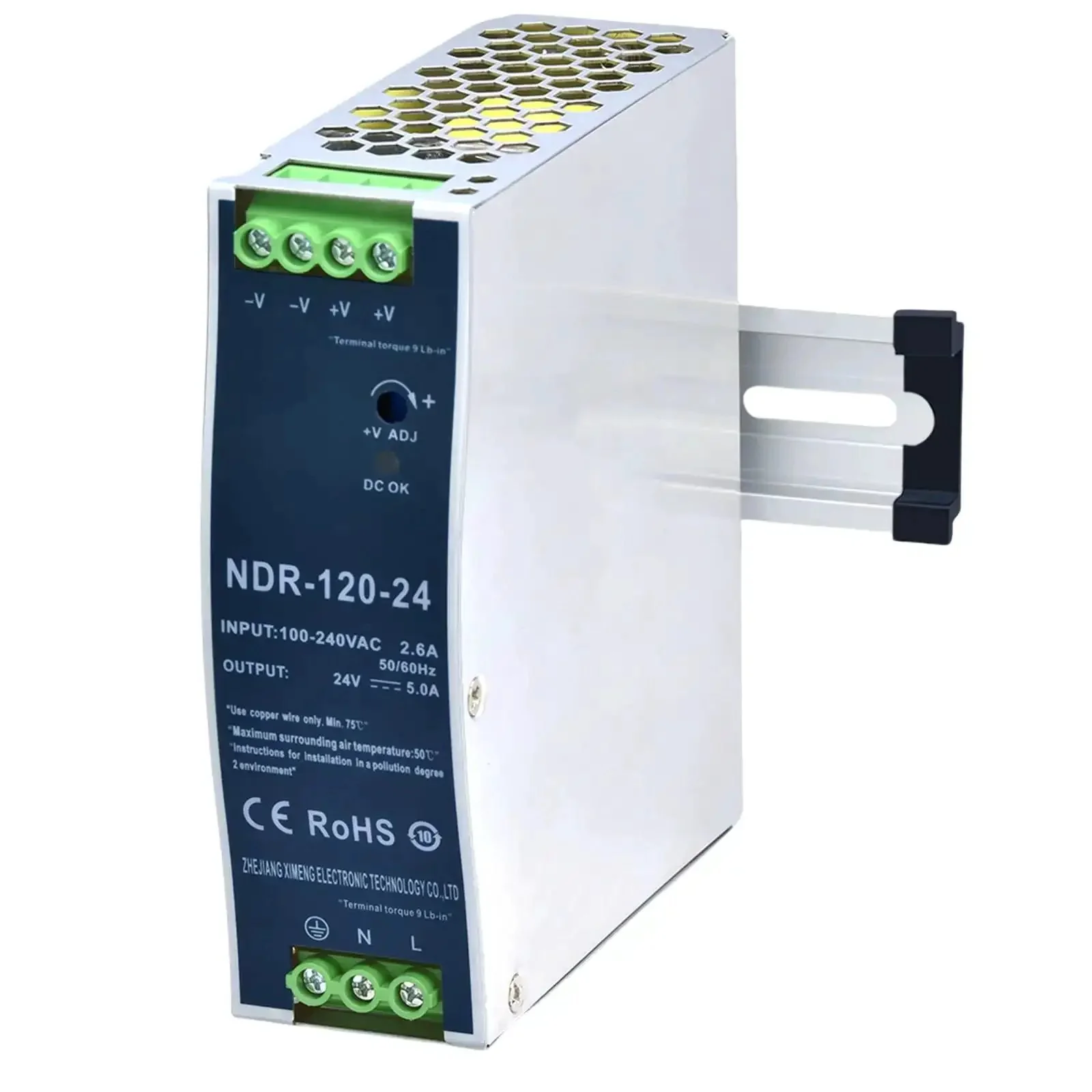 NDR-120-24 Beefy 24V DC DIN Rail Power Supply, 120W 5A Output, 90-264VAC Input, 47-63Hz, High Efficiency Switch-Mode Converter For Industrial Control Panels And Distribution Boxes