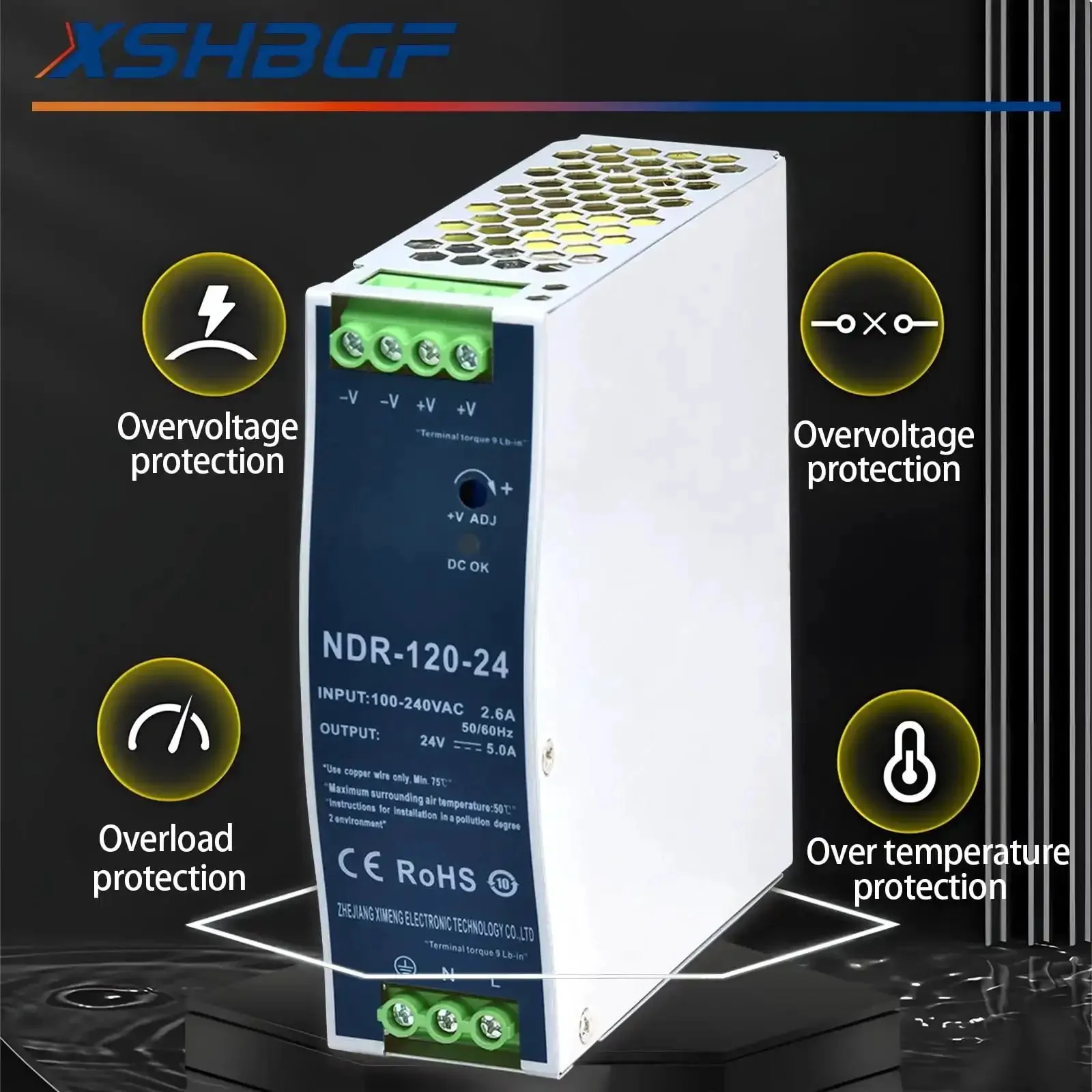 NDR-120-24 Beefy 24V DC DIN Rail Power Supply, 120W 5A Output, 90-264VAC Input, 47-63Hz, High Efficiency Switch-Mode Converter For Industrial Control Panels And Distribution Boxes - Image 3