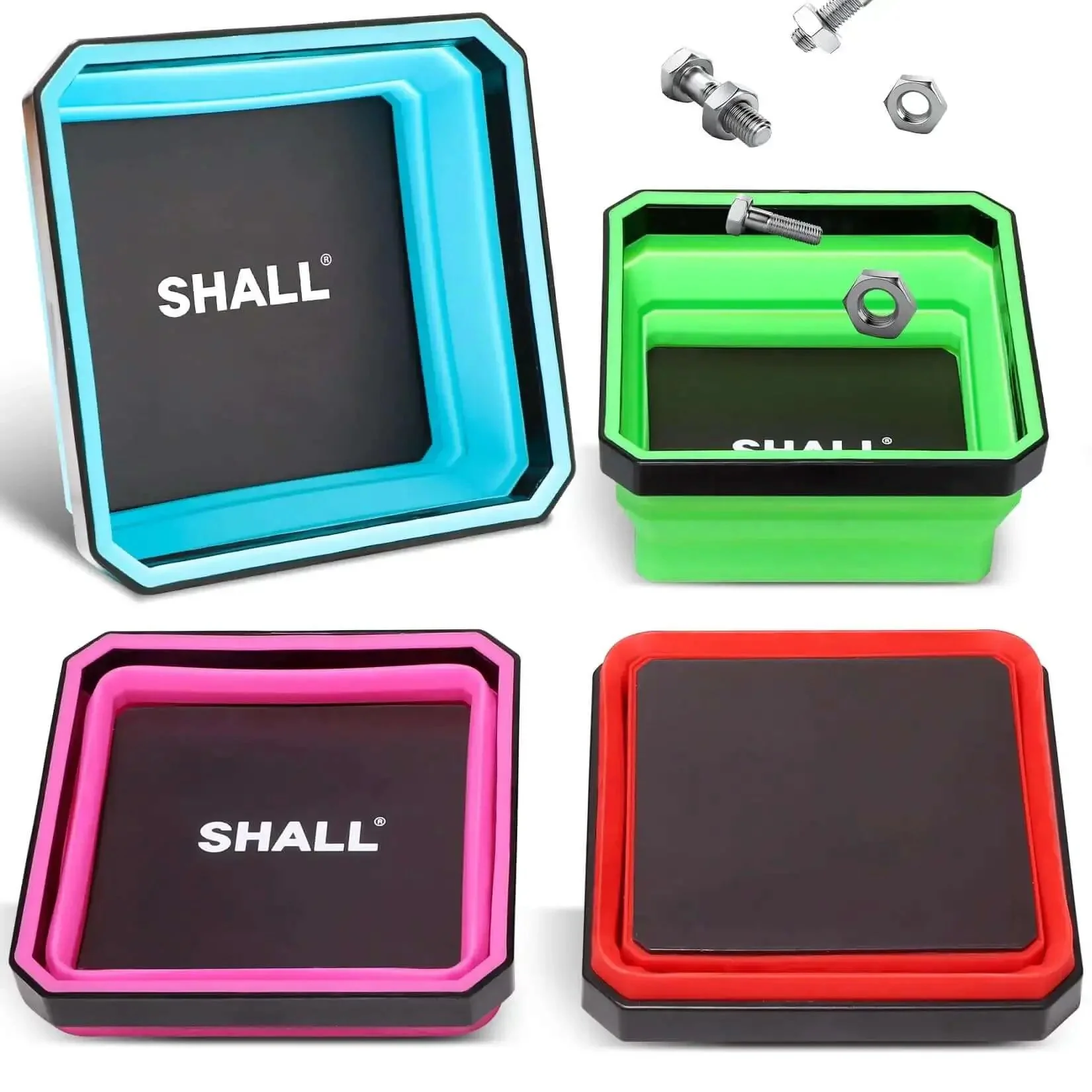 New Version Collapsible Magnetic Parts Tray Set Four Pack With Four Point Five Inch Square Silicone Foldable Bowls And Dual Sided Magnetic Base Magnetic Tool Trays For Screws Bolts Nuts Washers Pins And Small Metal Parts
