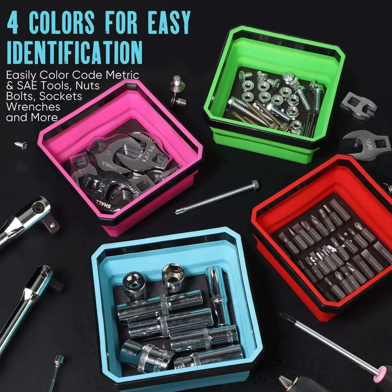 New Version Collapsible Magnetic Parts Tray Set Four Pack With Four Point Five Inch Square Silicone Foldable Bowls And Dual Sided Magnetic Base Magnetic Tool Trays For Screws Bolts Nuts Washers Pins And Small Metal Parts - Image 5