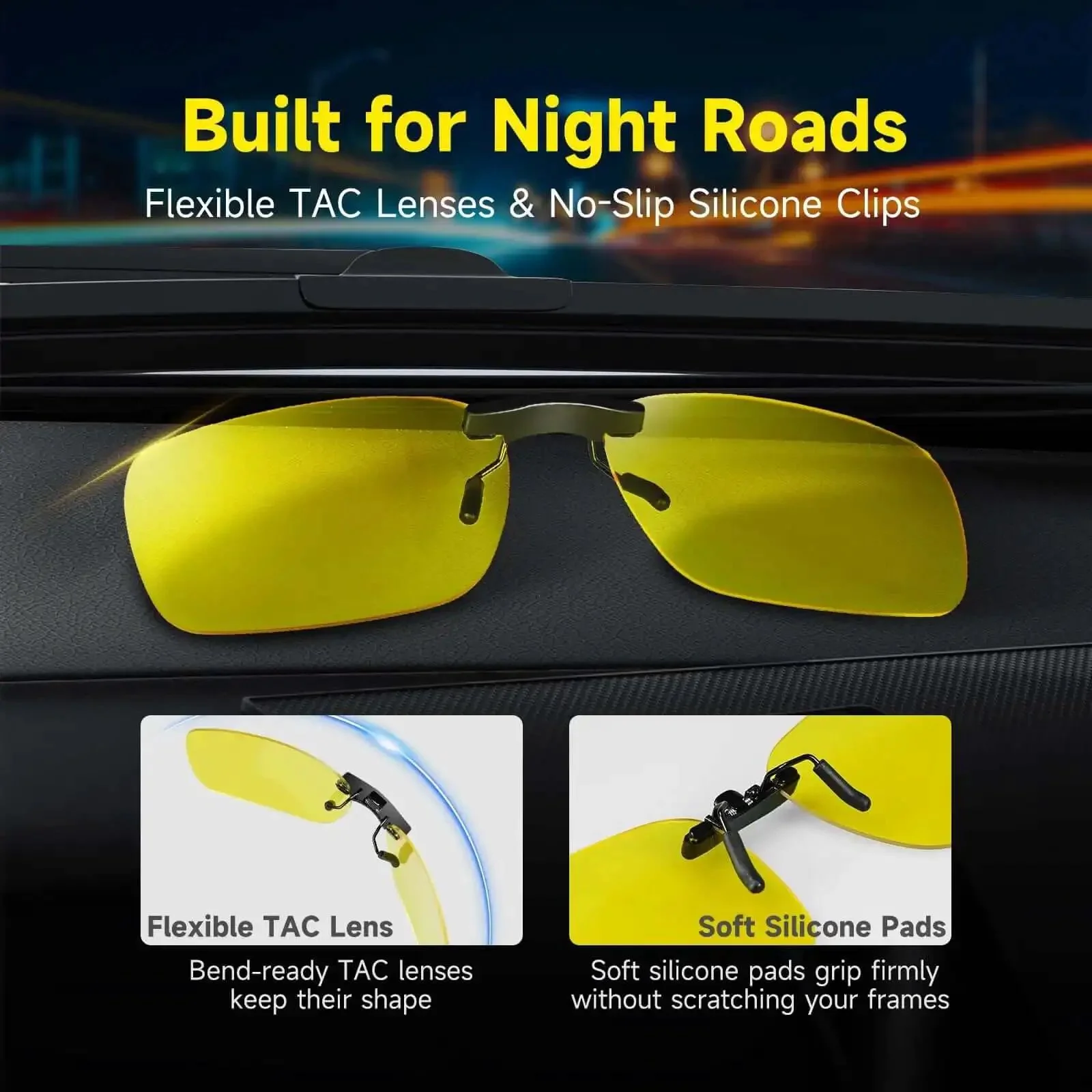 Night Vision Clip On Glasses 2 Pack Polarized Yellow Lens UV400 Anti Glare Driving Clip Over Prescription Glasses 57x40mm - Image 4