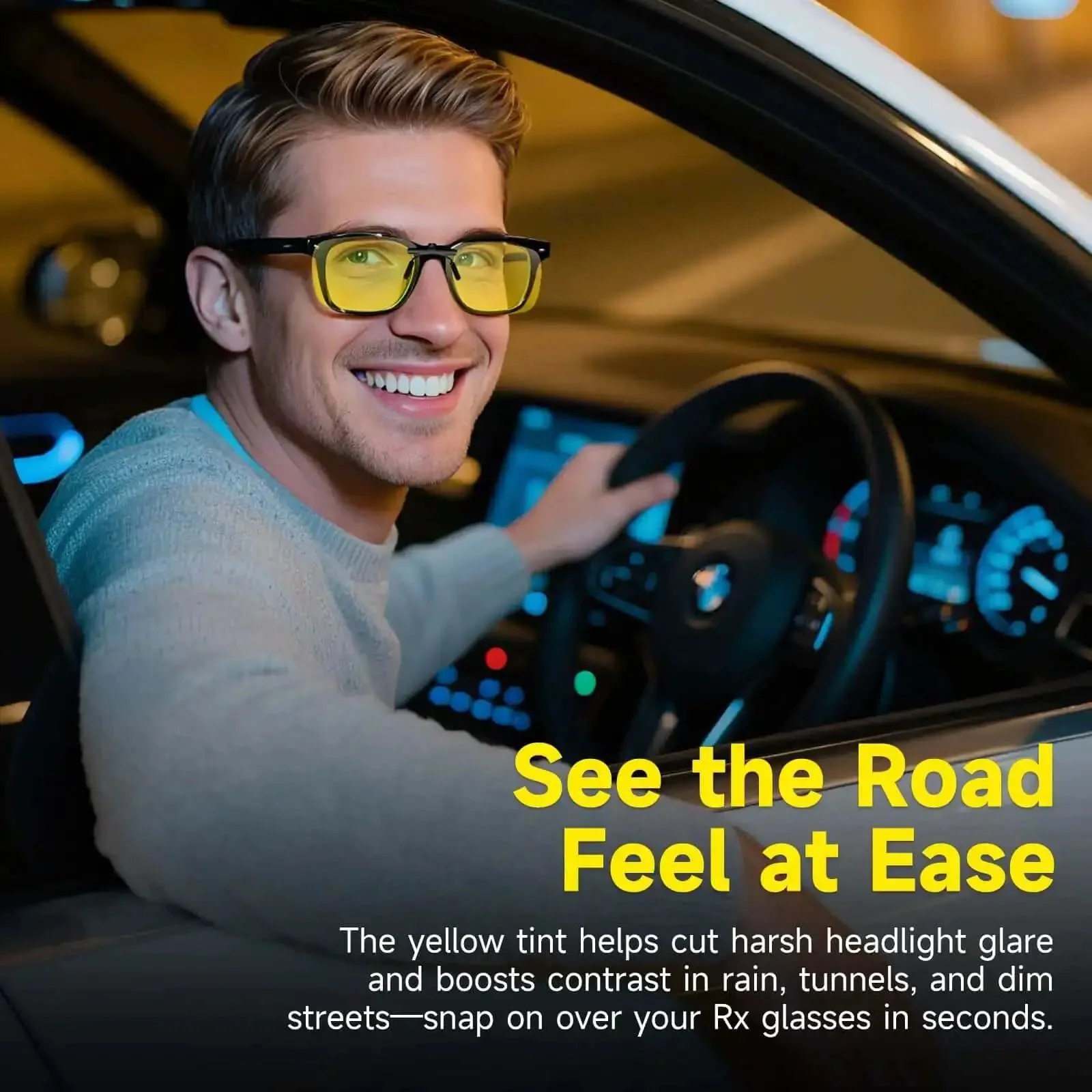 Night Vision Clip On Glasses 2 Pack Polarized Yellow Lens UV400 Anti Glare Driving Clip Over Prescription Glasses 57x40mm - Image 8