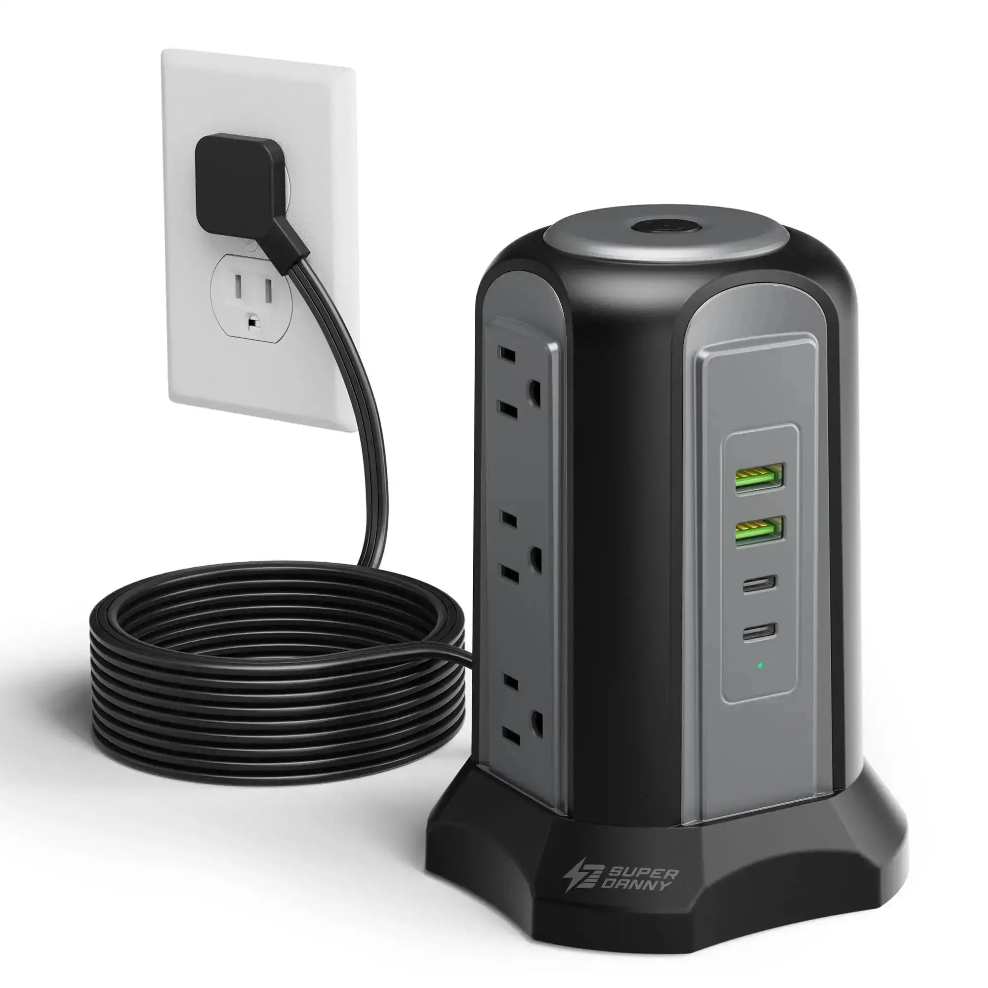 Nine Outlet Tower Surge Protector With Four USB Ports And A 10 Ft Cord, Grounded Plug In Desktop Charging Station, 1080 Joules, Three Prong Power Strip For Home And Office, Black