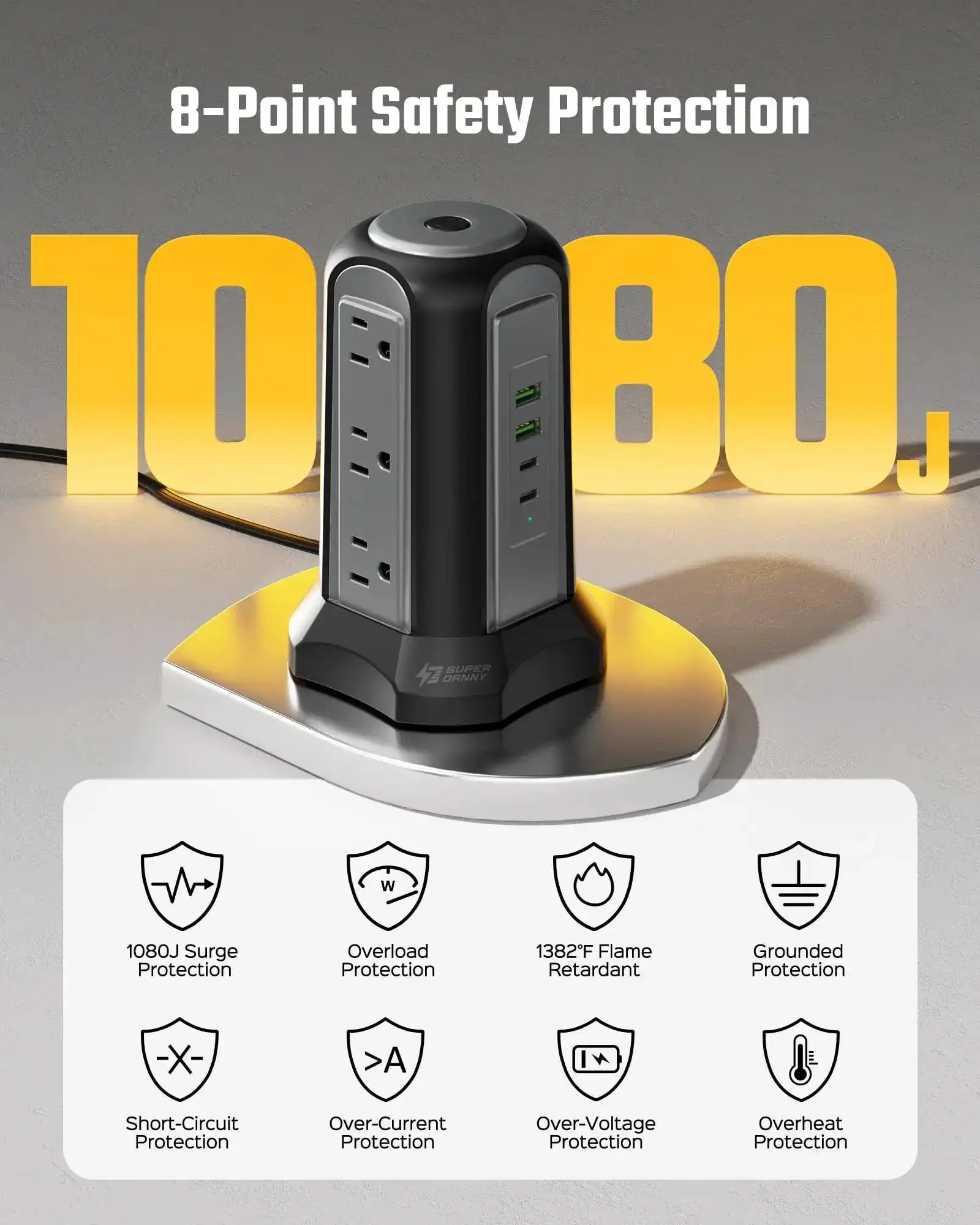 Nine Outlet Tower Surge Protector With Four USB Ports And A 10 Ft Cord, Grounded Plug In Desktop Charging Station, 1080 Joules, Three Prong Power Strip For Home And Office, Black - Image 4