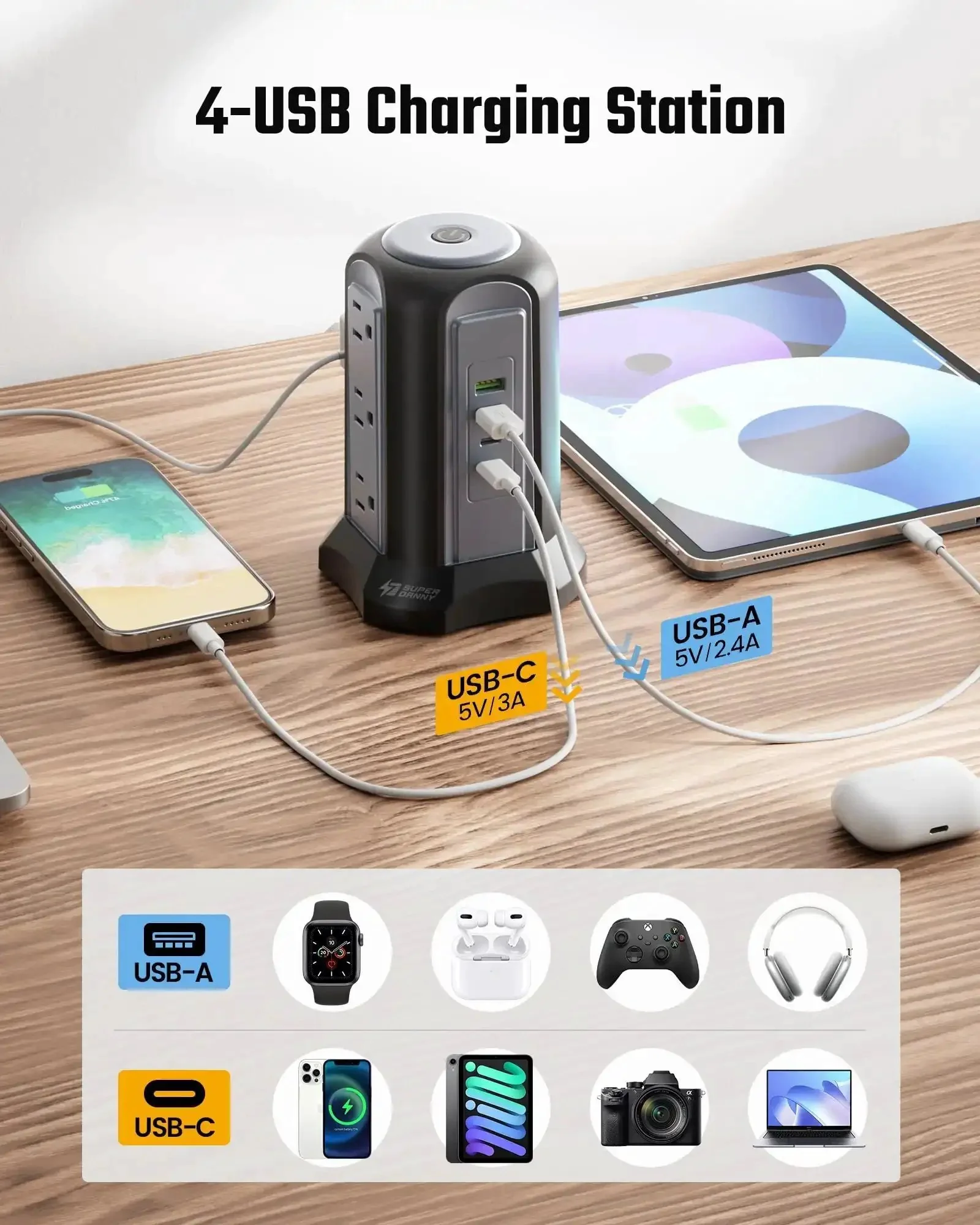 Nine Outlet Tower Surge Protector With Four USB Ports And A 10 Ft Cord, Grounded Plug In Desktop Charging Station, 1080 Joules, Three Prong Power Strip For Home And Office, Black - Image 7