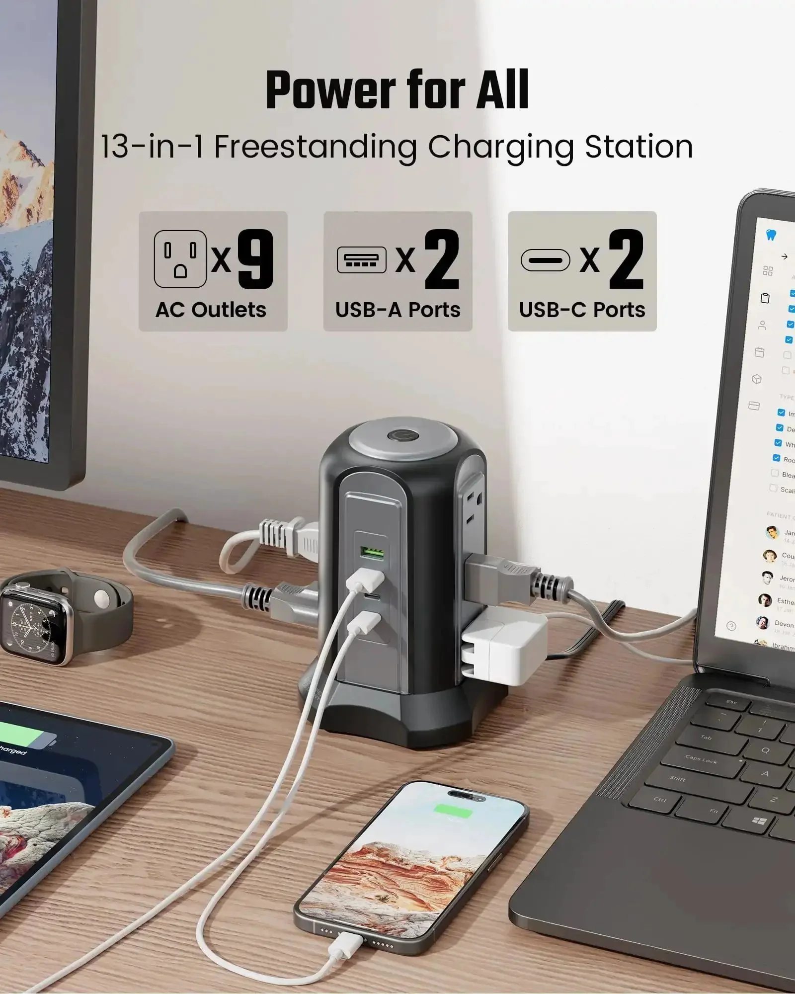 Nine Outlet Tower Surge Protector With Four USB Ports And A 10 Ft Cord, Grounded Plug In Desktop Charging Station, 1080 Joules, Three Prong Power Strip For Home And Office, Black - Image 8