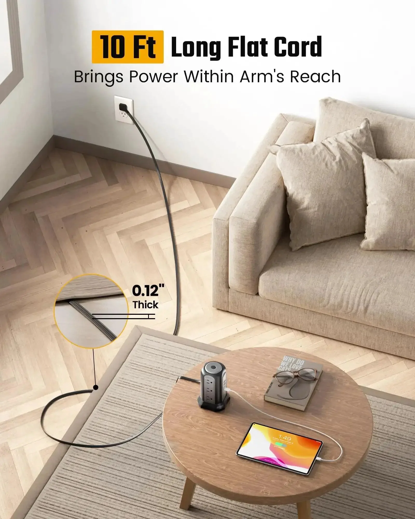 Nine Outlet Tower Surge Protector With Four USB Ports And A 10 Ft Cord, Grounded Plug In Desktop Charging Station, 1080 Joules, Three Prong Power Strip For Home And Office, Black - Image 9
