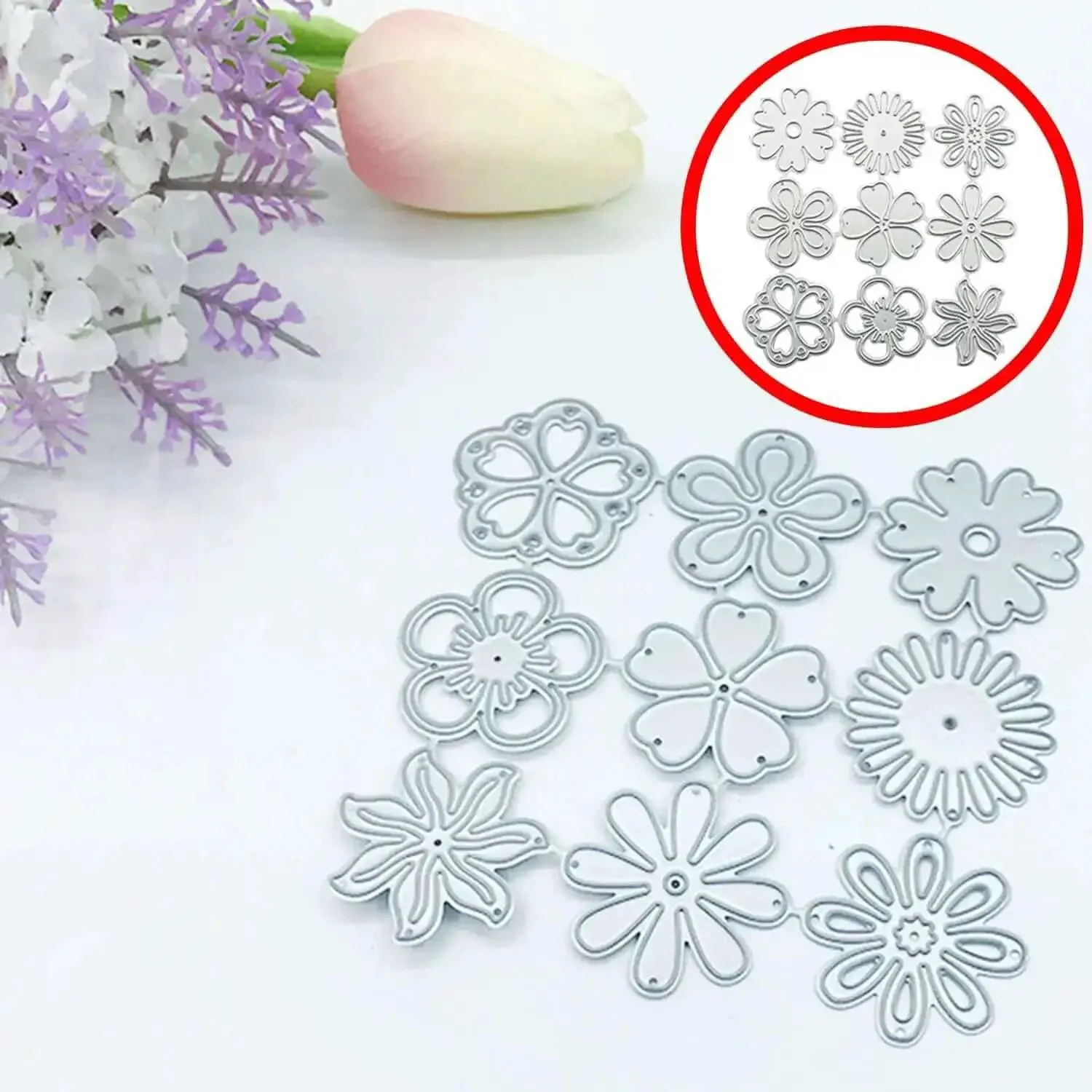 Nine Piece Flower Die Set For Card Making And Scrapbooking, Carbon Steel Cutting Dies For Floral Patterns And Snowflake Designs, Stencil Kit For DIY Crafts, Journals, Photo Albums And Craft Projects, Durable And Easy To Use - Image 2