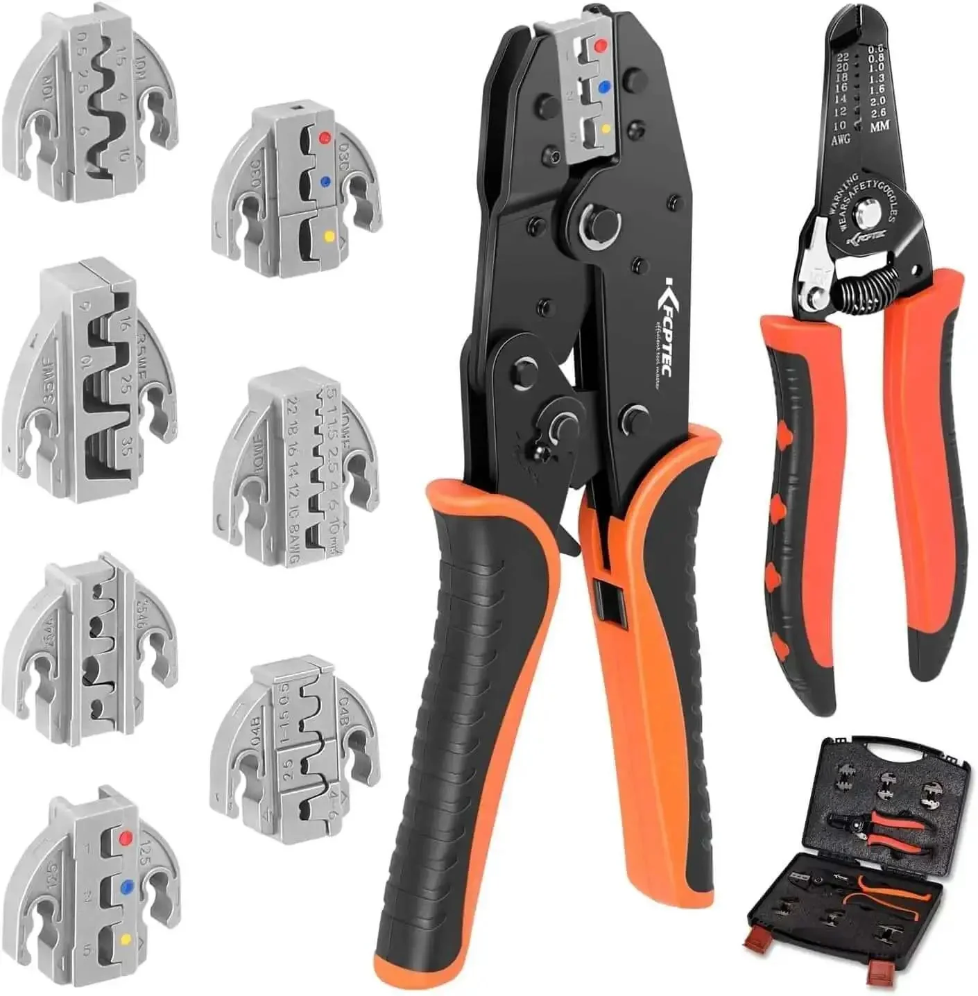 Nine Piece Ratcheting Crimping Tool Set With Seven Interchangeable Dies And Wire Stripper For AWG 22 To 2 And Zero Point Five To Thirty Five Square Millimeters Terminals Ferrules Heat Shrink Open Barrel Insulated And Non Insulated Connectors For Solar