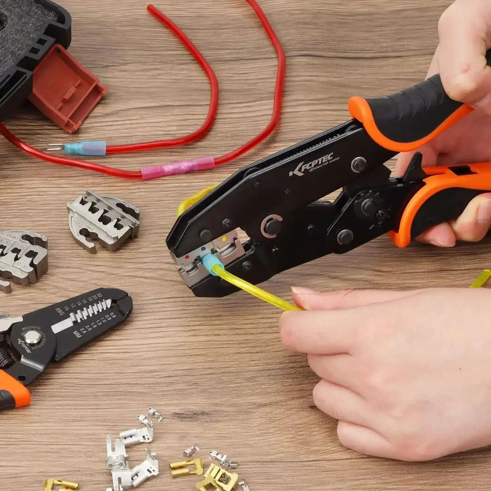 Nine Piece Ratcheting Crimping Tool Set With Seven Interchangeable Dies And Wire Stripper For AWG 22 To 2 And Zero Point Five To Thirty Five Square Millimeters Terminals Ferrules Heat Shrink Open Barrel Insulated And Non Insulated Connectors For Solar - Image 3