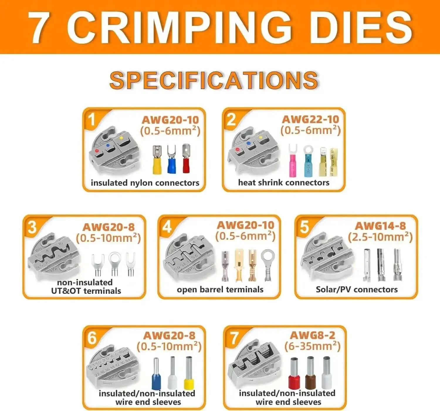 Nine Piece Ratcheting Crimping Tool Set With Seven Interchangeable Dies And Wire Stripper For AWG 22 To 2 And Zero Point Five To Thirty Five Square Millimeters Terminals Ferrules Heat Shrink Open Barrel Insulated And Non Insulated Connectors For Solar - Image 7