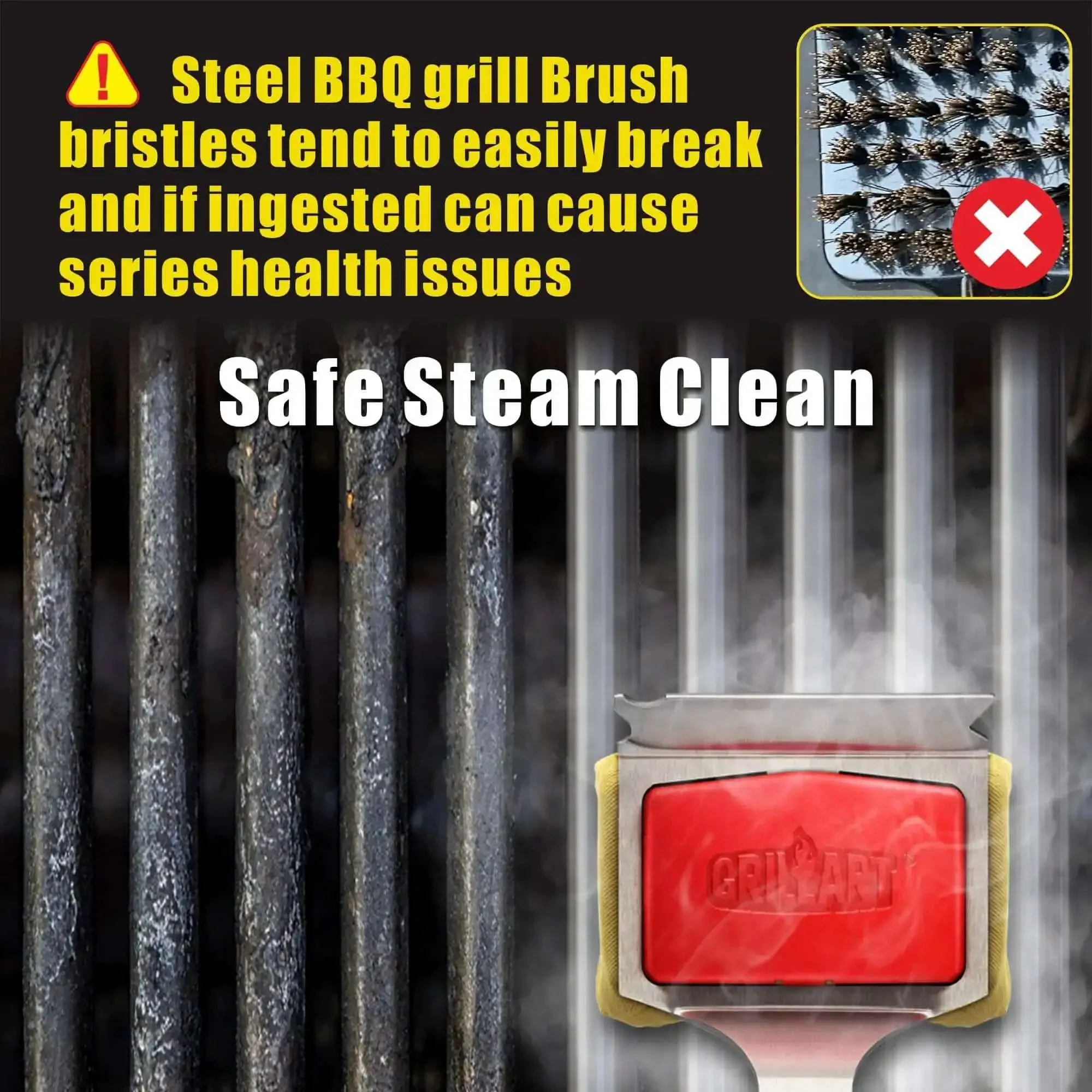 No Bristle Grill Brush With Replaceable Cleaning Head, SteamWizards Seamless Fit Scraper Tool For Cast Iron And Stainless Steel Grates, Safe Red Barbecue Grill Cleaner For Easy Post Meal Cleanup - Image 3