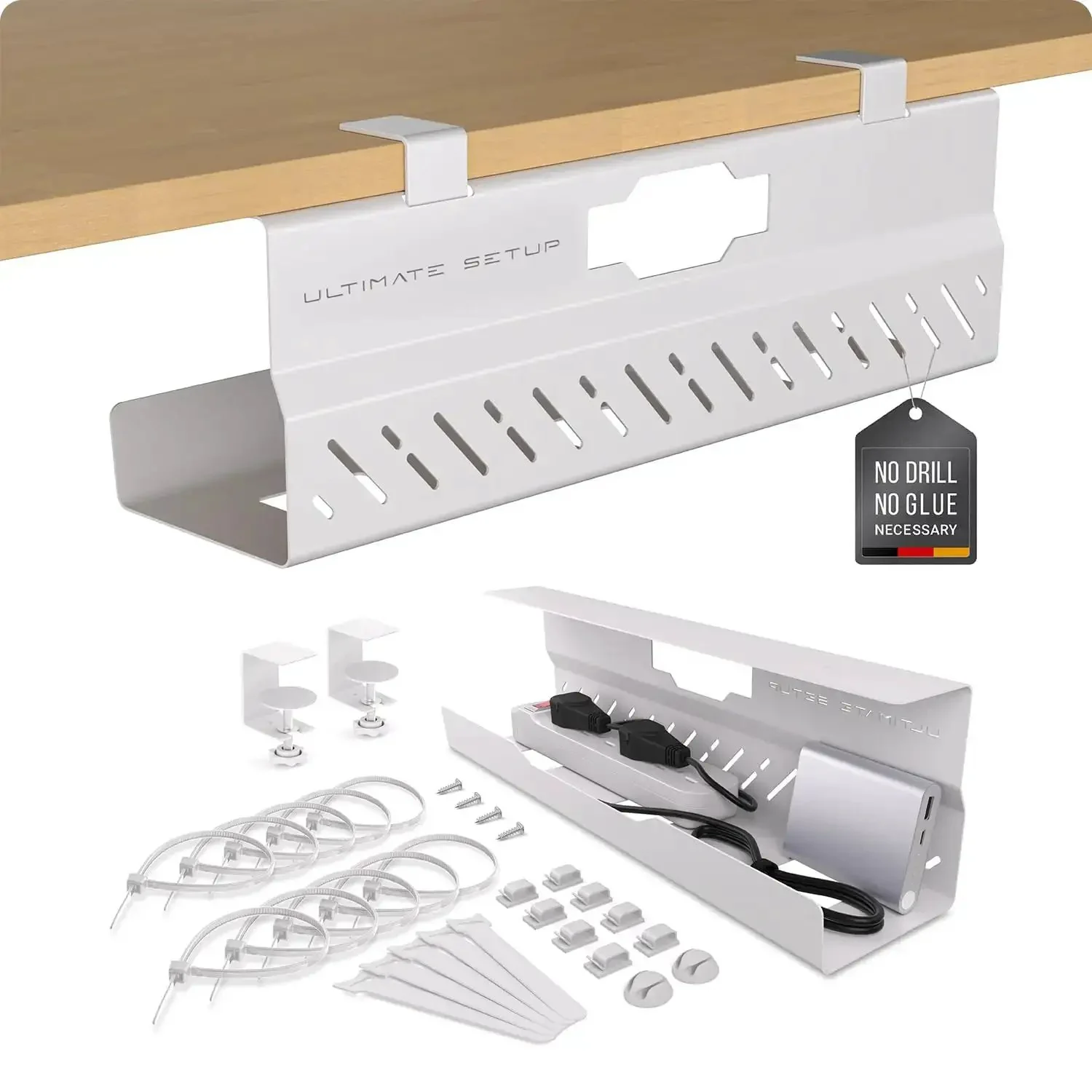 No Drill Cable Management Tray For Desks White Metal Wire Organizer With Huge Load Capacity And Easy Cord Management Under Desk Cord Duct For Power Strips And Chargers