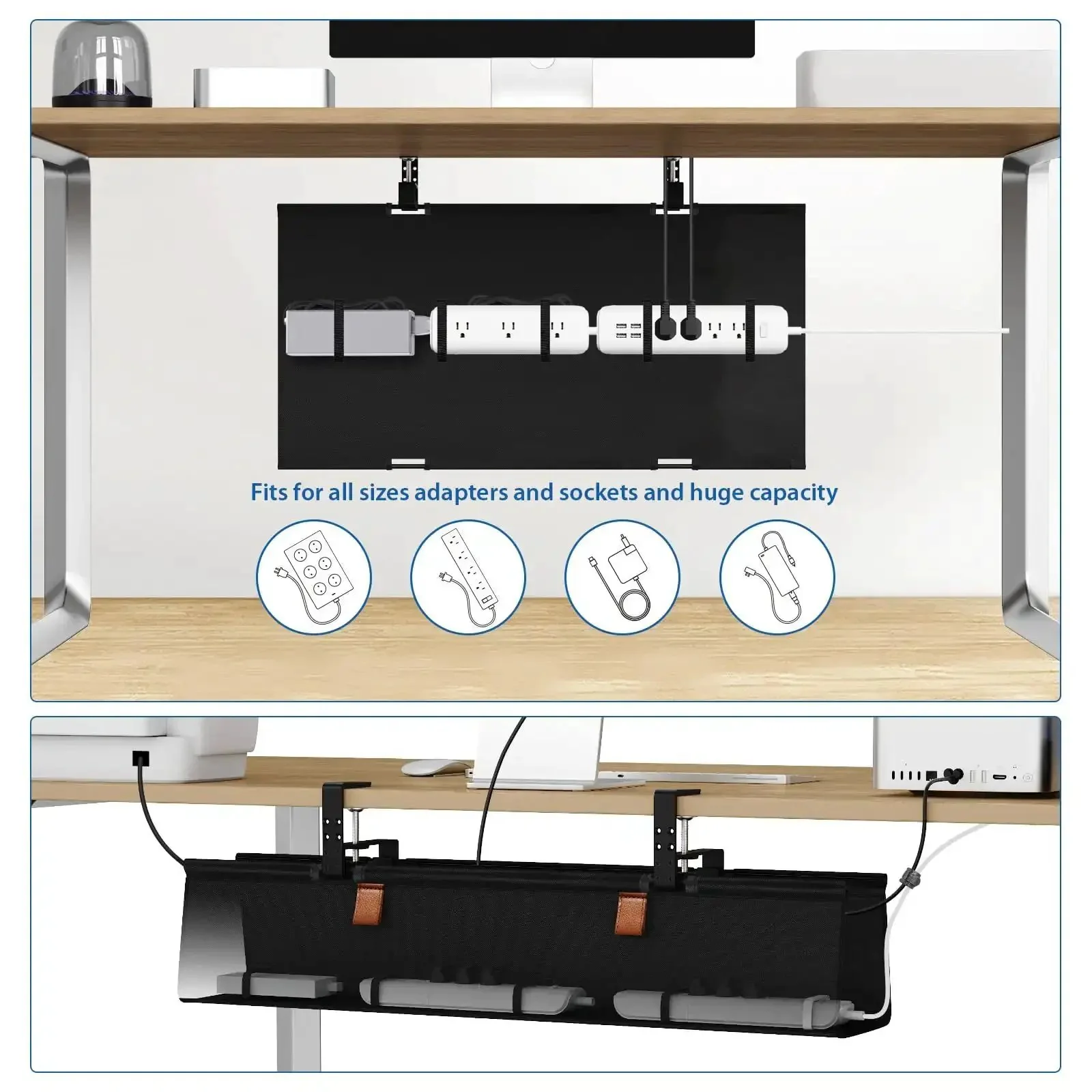 No Drill Under Desk Cable Management Tray 30 Inch Cord Organizer With Table Clamp Or Screw Mount, Durable Waterproof Fabric Cable Hiders For Office And Home, Keeps Cables Hidden And Workspace Clean - Image 8