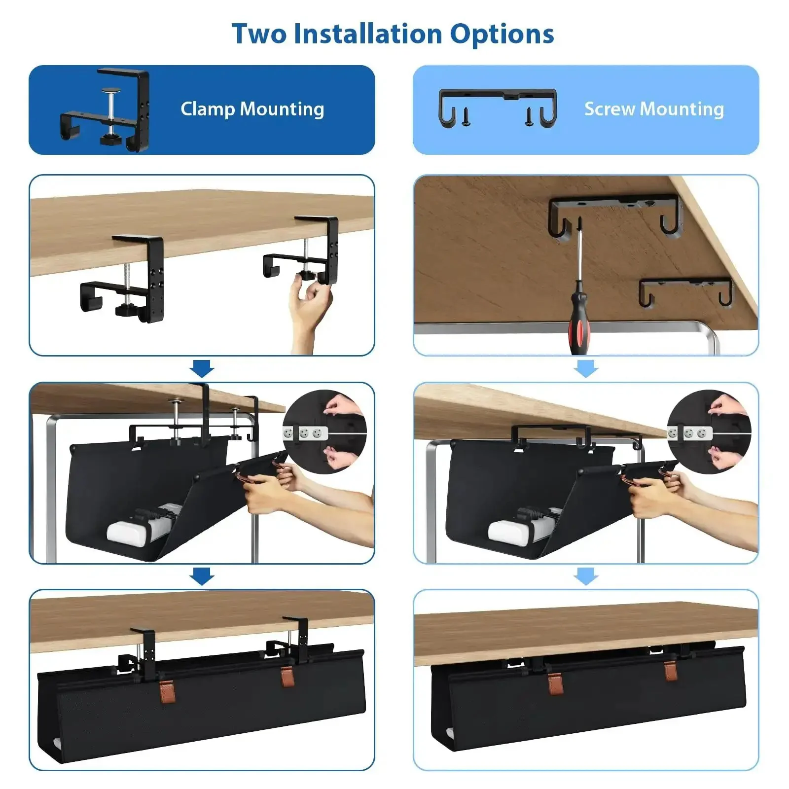 No Drill Under Desk Cable Management Tray 30 Inch Cord Organizer With Table Clamp Or Screw Mount, Durable Waterproof Fabric Cable Hiders For Office And Home, Keeps Cables Hidden And Workspace Clean - Image 9