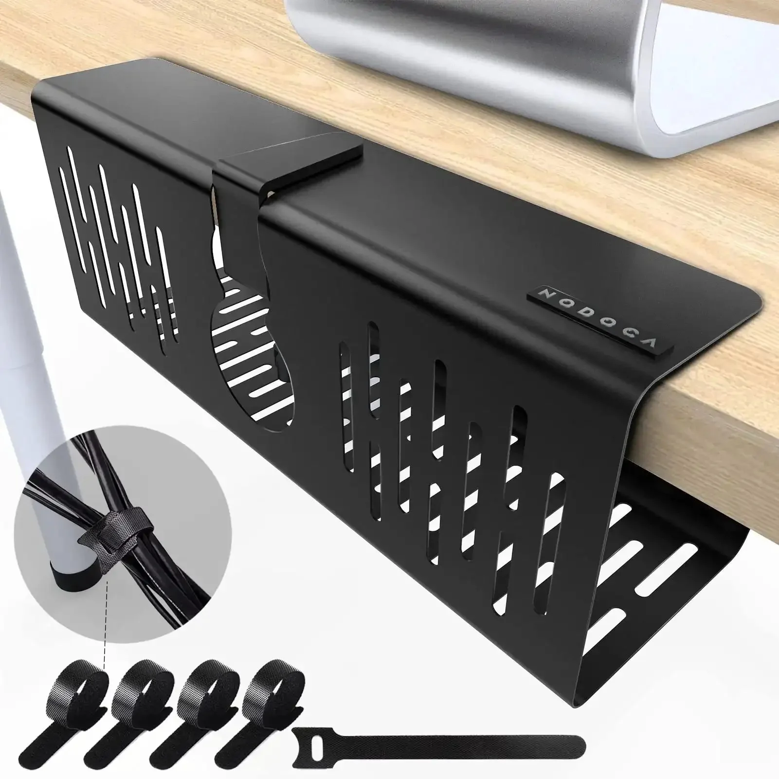 No Drill Under Desk Cable Management Tray With Clamp On Design, Heavy Duty Metal Wire Organizer For Office And Home, 13.8 Inch By 5.3 Inch By 4.7 Inch, Punch Free Desk Cable Tray, Black