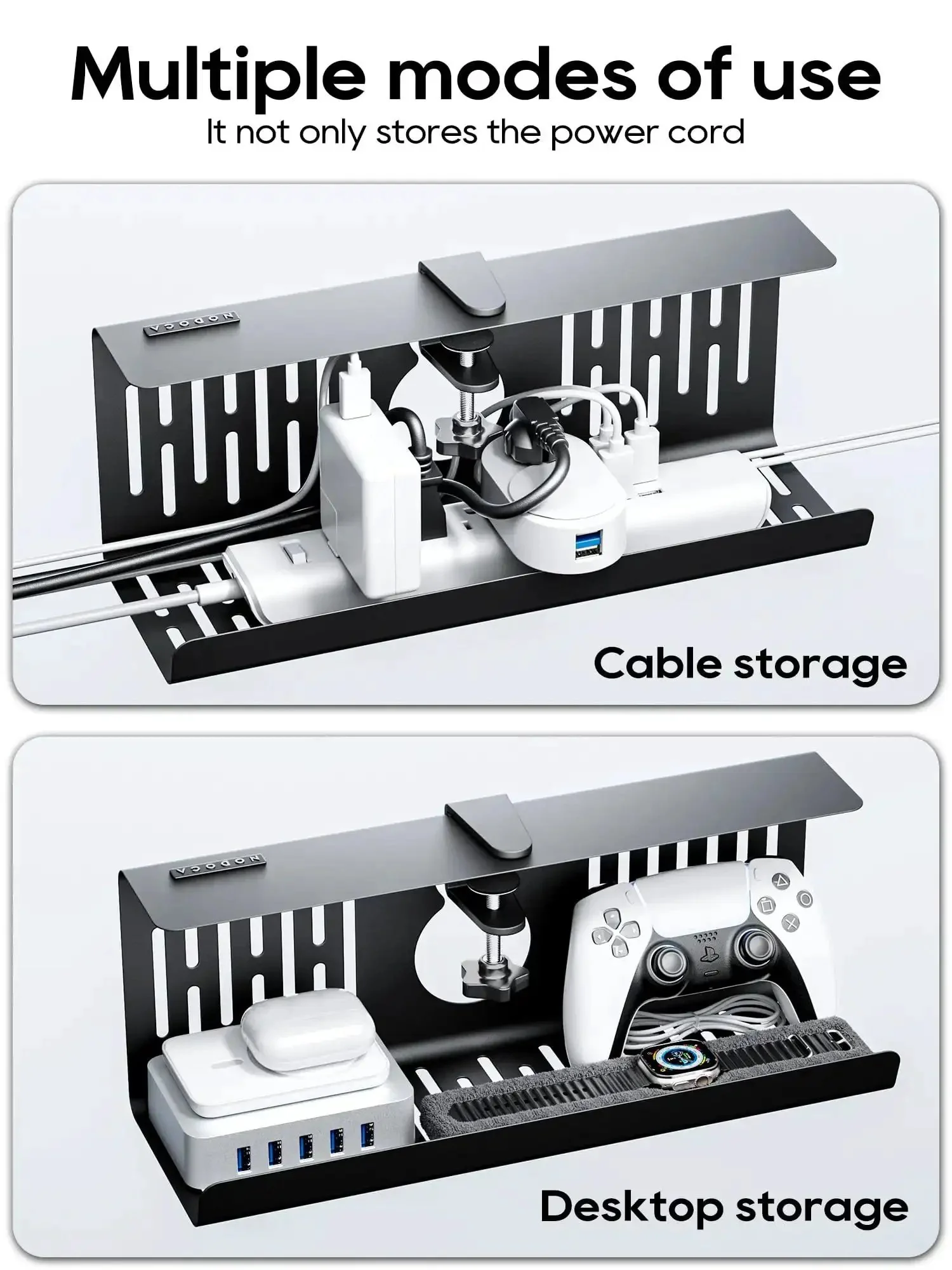 No Drill Under Desk Cable Management Tray With Clamp On Design, Heavy Duty Metal Wire Organizer For Office And Home, 13.8 Inch By 5.3 Inch By 4.7 Inch, Punch Free Desk Cable Tray, Black - Image 3
