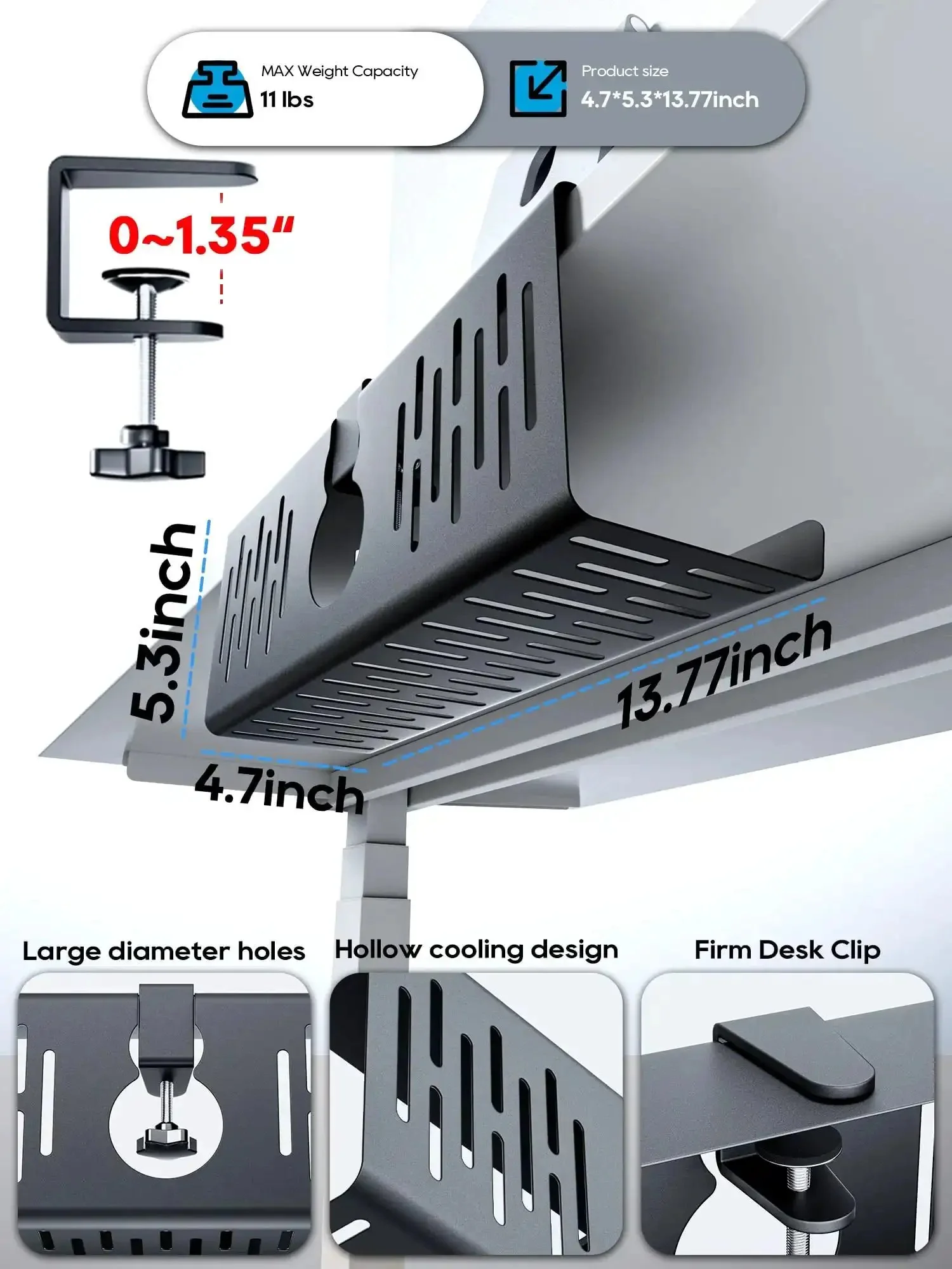 No Drill Under Desk Cable Management Tray With Clamp On Design, Heavy Duty Metal Wire Organizer For Office And Home, 13.8 Inch By 5.3 Inch By 4.7 Inch, Punch Free Desk Cable Tray, Black - Image 4