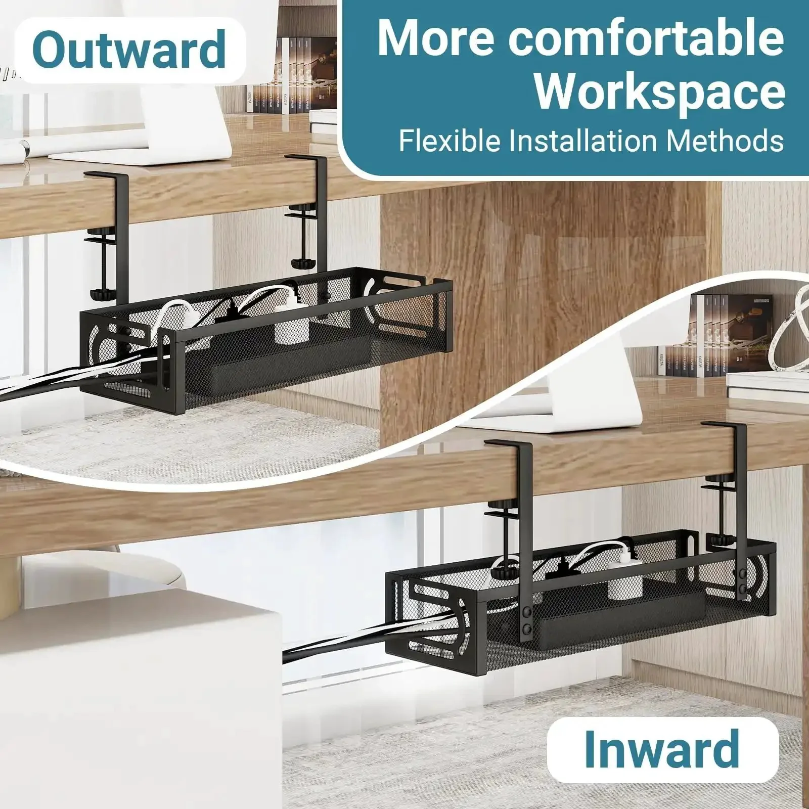 No Drill Under Desk Cable Tray With Clamp Mount Fifteen Point Seven Inch Cord Organizer For Table Carbon Steel Cable Management For Office Or Home Easy To Reposition Without Screws Black - Image 4