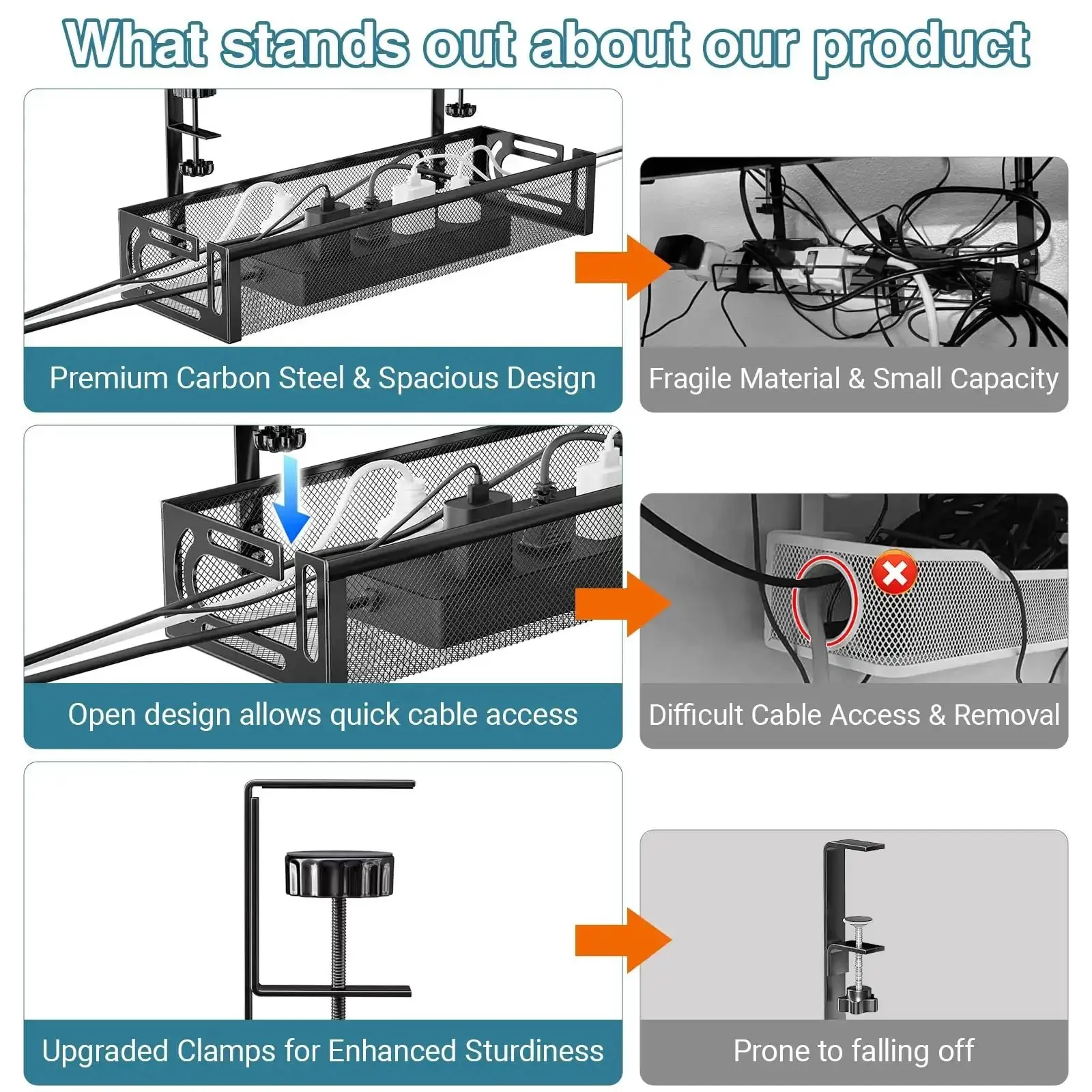 No Drill Under Desk Cable Tray With Clamp Mount Fifteen Point Seven Inch Cord Organizer For Table Carbon Steel Cable Management For Office Or Home Easy To Reposition Without Screws Black - Image 9