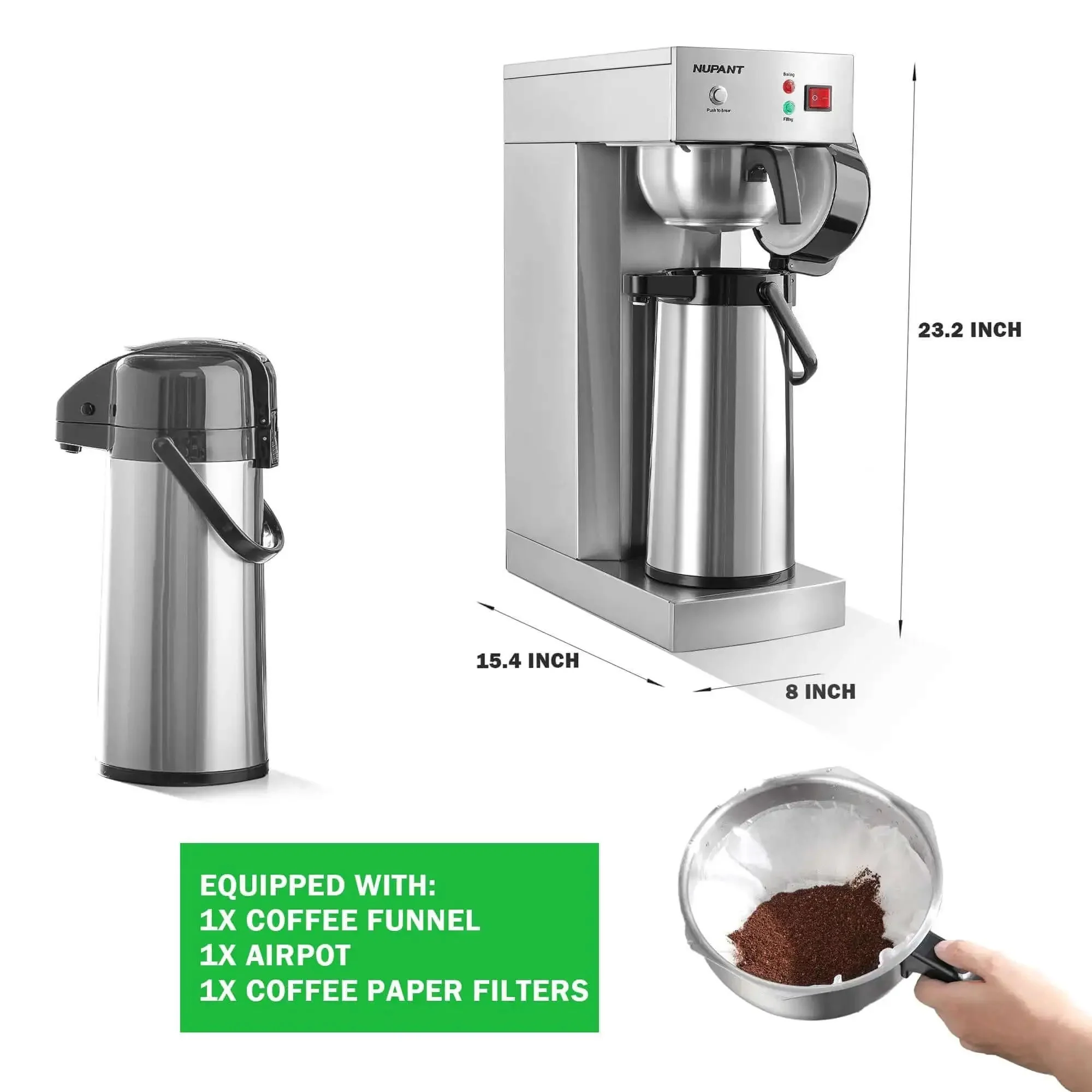 No-Fuss Auto-Filling Commercial Airpot Coffee Brewer 2.2L 74oz, Stainless Steel Thermal Carafe, 120V 1450W, Pour Over Dispenser, Keeps Coffee Hot All Day, Great for Restaurant Office Break Room - Image 2