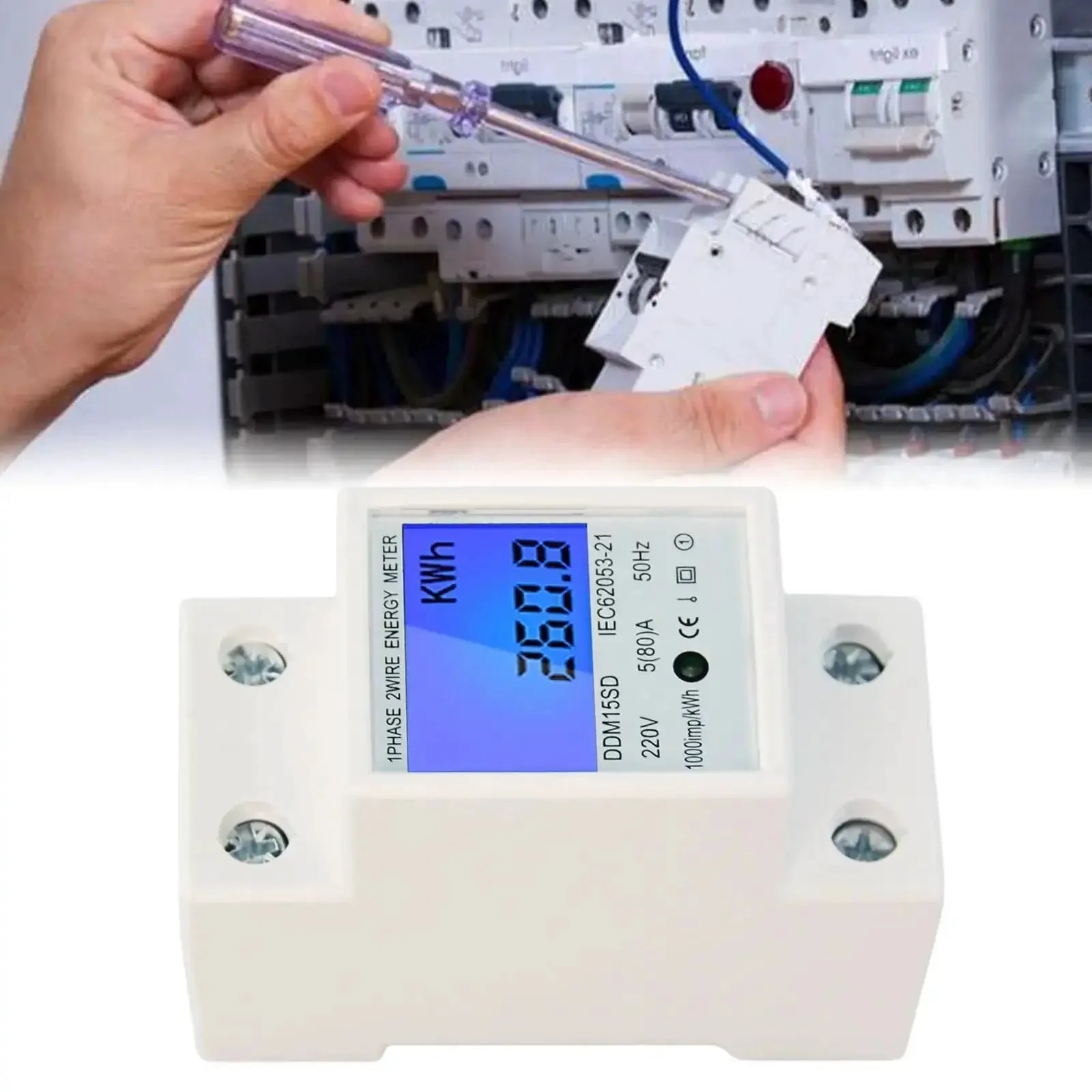 No Fuss Single Phase Energy Meter 5 To 80A DDM15SC With LCD Display And 2P LED DIN Rail Wattmeter For Real Time Energy And KWh Monitoring, 35mm DIN Rail Mount With Embedded End Cover - Image 4
