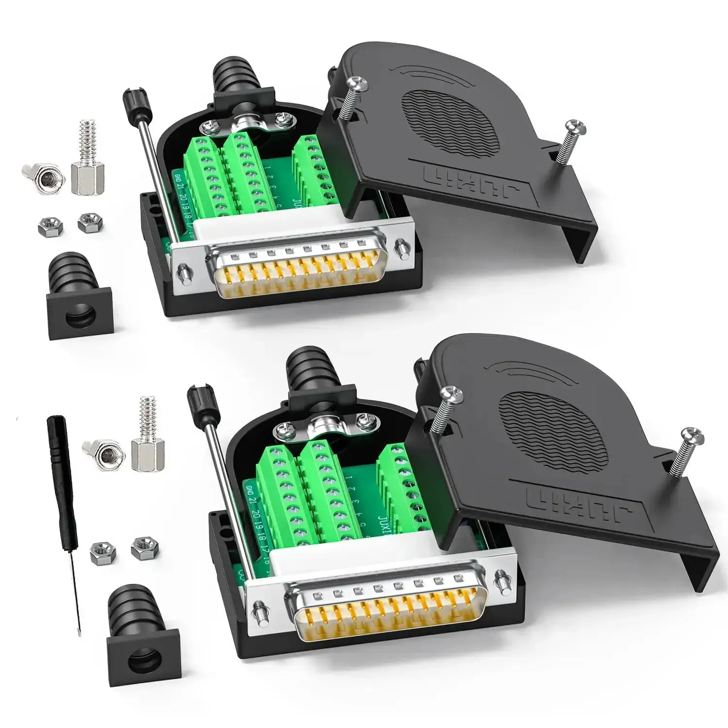 No Soldering Needed DB25 Male And Female Serial Adapters Kit For DIY RS232 D Sub 25 Pin Cabling With Terminal Connectors Bolts And Nuts Two Pack Easy Wire Up For Quick Cable Building And Troubleshooting