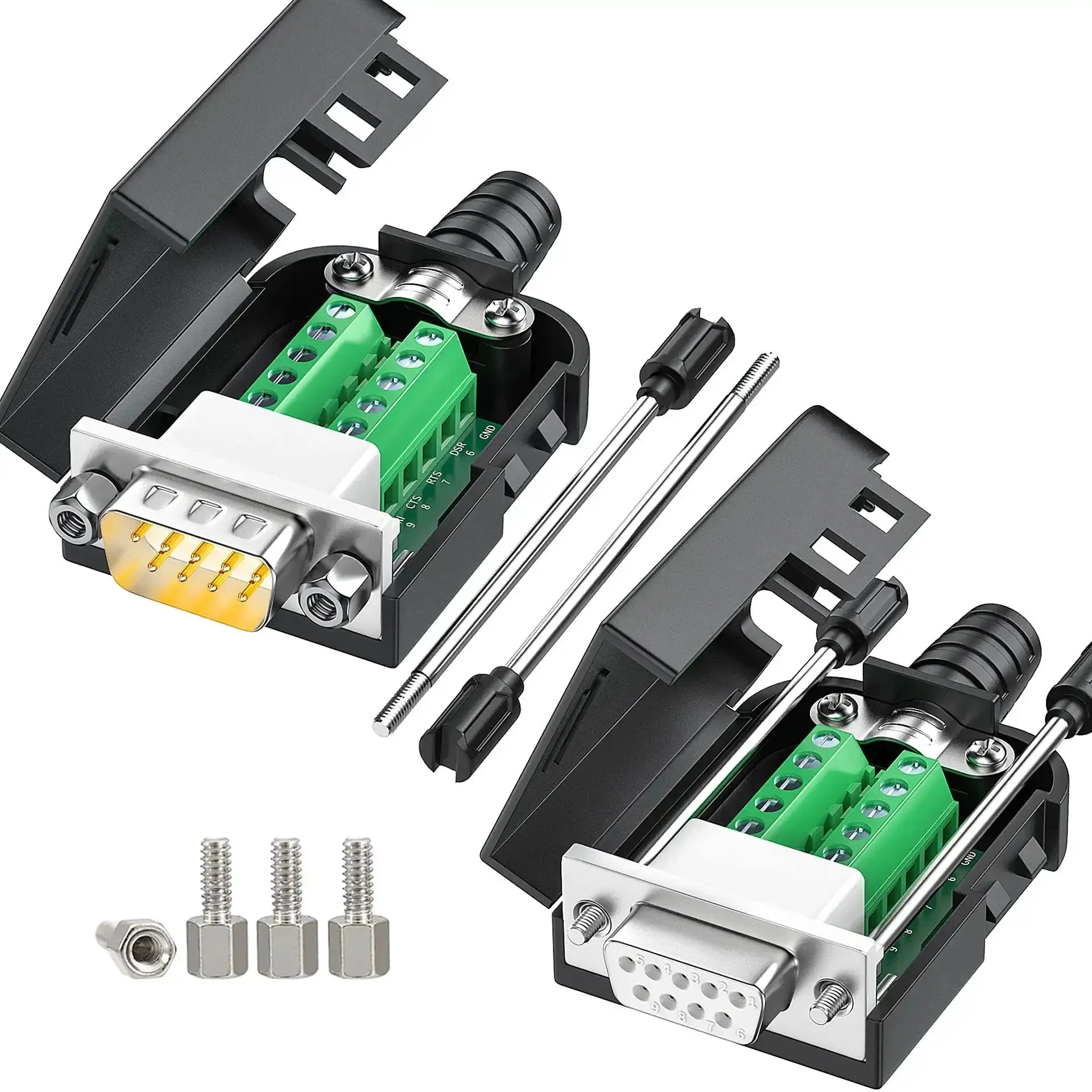No Soldering Needed DB9 Serial Adapters Kit 1 Male 1 Female D Sub 9 Pin Connector For RS232 RS485 DIY Cable Build Easy Terminal Wiring Bolts Nuts And Screwdriver Included