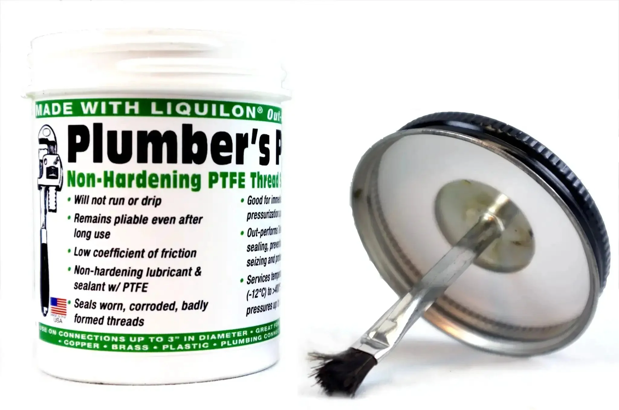 Nonhardening PTFE Thread Sealant Paste For Sealing Worn Metal And Plastic Pipe Threads With Tough As Nails Performance Under High Temp And High Pressure Up To 10000 PSI In A 5 Oz Brush Top Can Made In USA