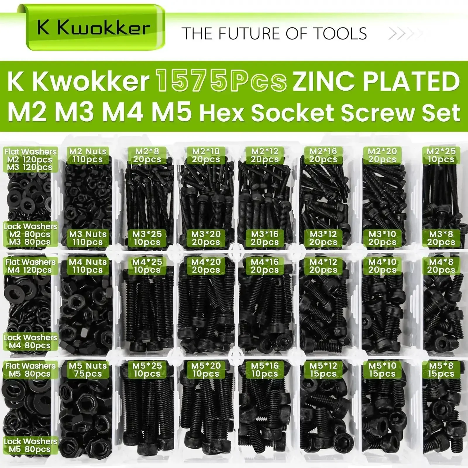 Nut And Bolt Kit With 1570Pcs M2 To M5 Hex Socket Head Screws, Nuts, Washers And Lock Washers, Zinc Plated Alloy Steel Fasteners, 24 Size Set With Six Lengths 8 10 12 16 20 25mm, Great For DIY Projects - Image 4