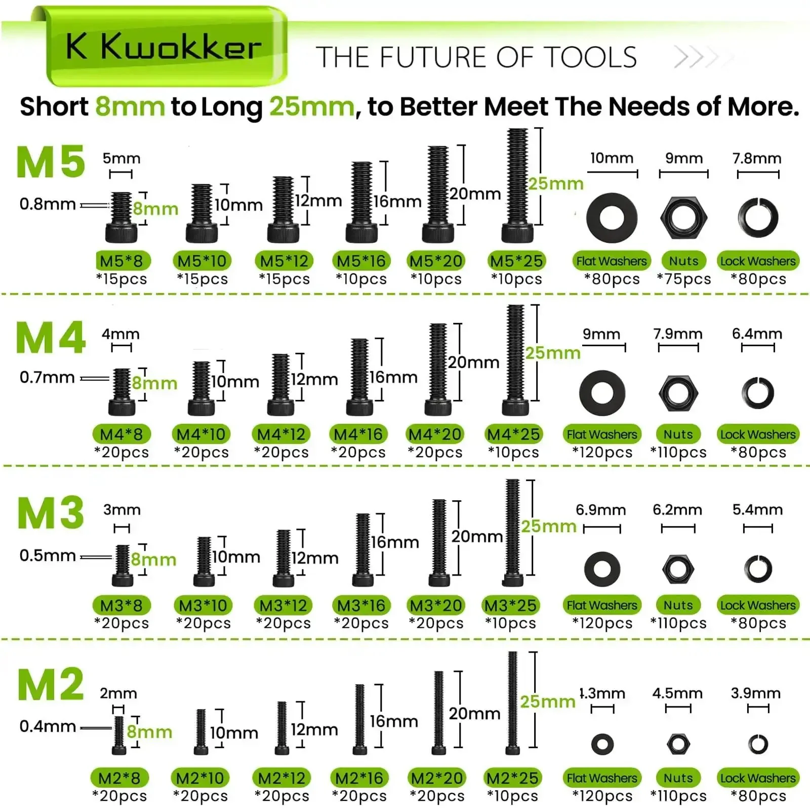 Nut And Bolt Kit With 1570Pcs M2 To M5 Hex Socket Head Screws, Nuts, Washers And Lock Washers, Zinc Plated Alloy Steel Fasteners, 24 Size Set With Six Lengths 8 10 12 16 20 25mm, Great For DIY Projects - Image 6