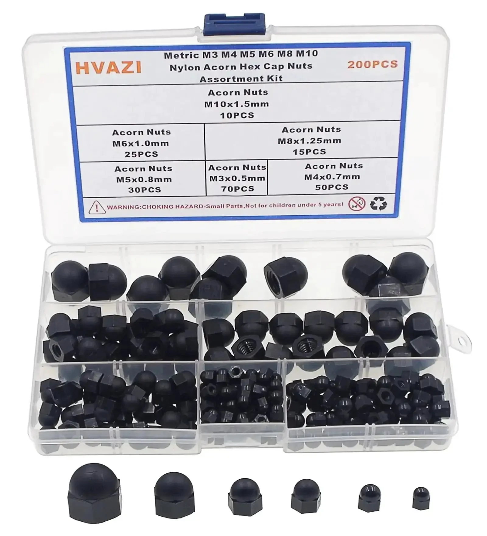 Nylon Acorn Hex Cap Nuts Assortment Kit In Metric Sizes M3 M4 M5 M6 M8 M10 Black Finish Smooth Rounded Head To Protect Threads Coarse Thread Must Have For DIY Projects Pro Grade Quality And Home Repairs
