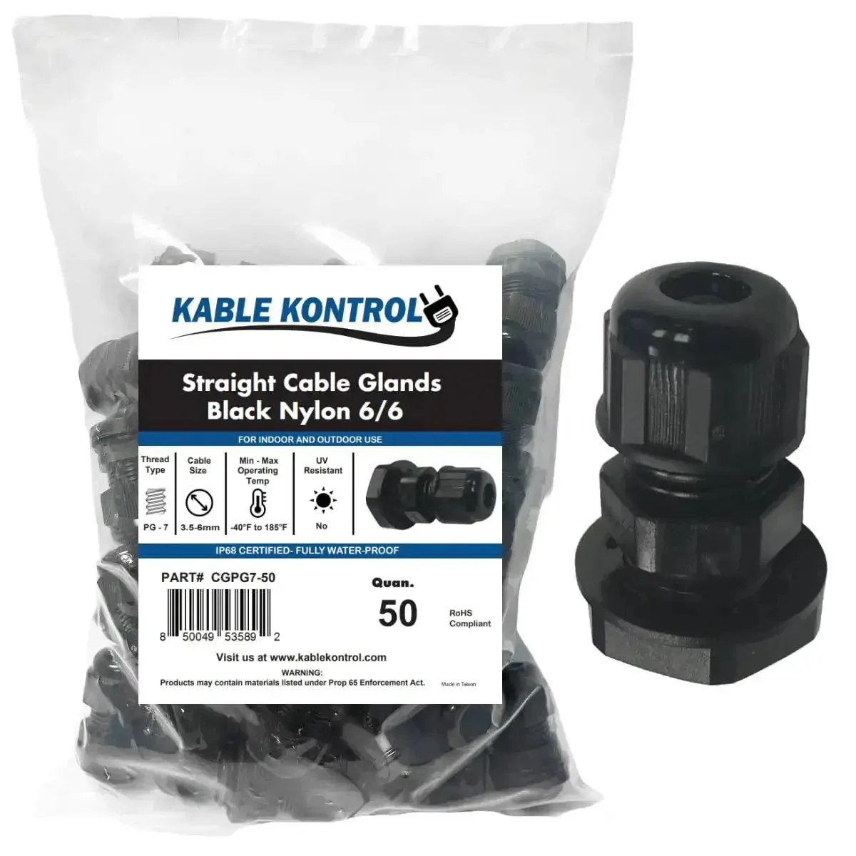 Nylon Cable Glands 3.5-6mm Straight 7 PG Thread Pack Of 50 IP68 Waterproof Strain Relief Cord Grips For Heavy Duty Use RoHS Compliant Flame Retardant Industrial Grade -40C To 85C Temperature Range