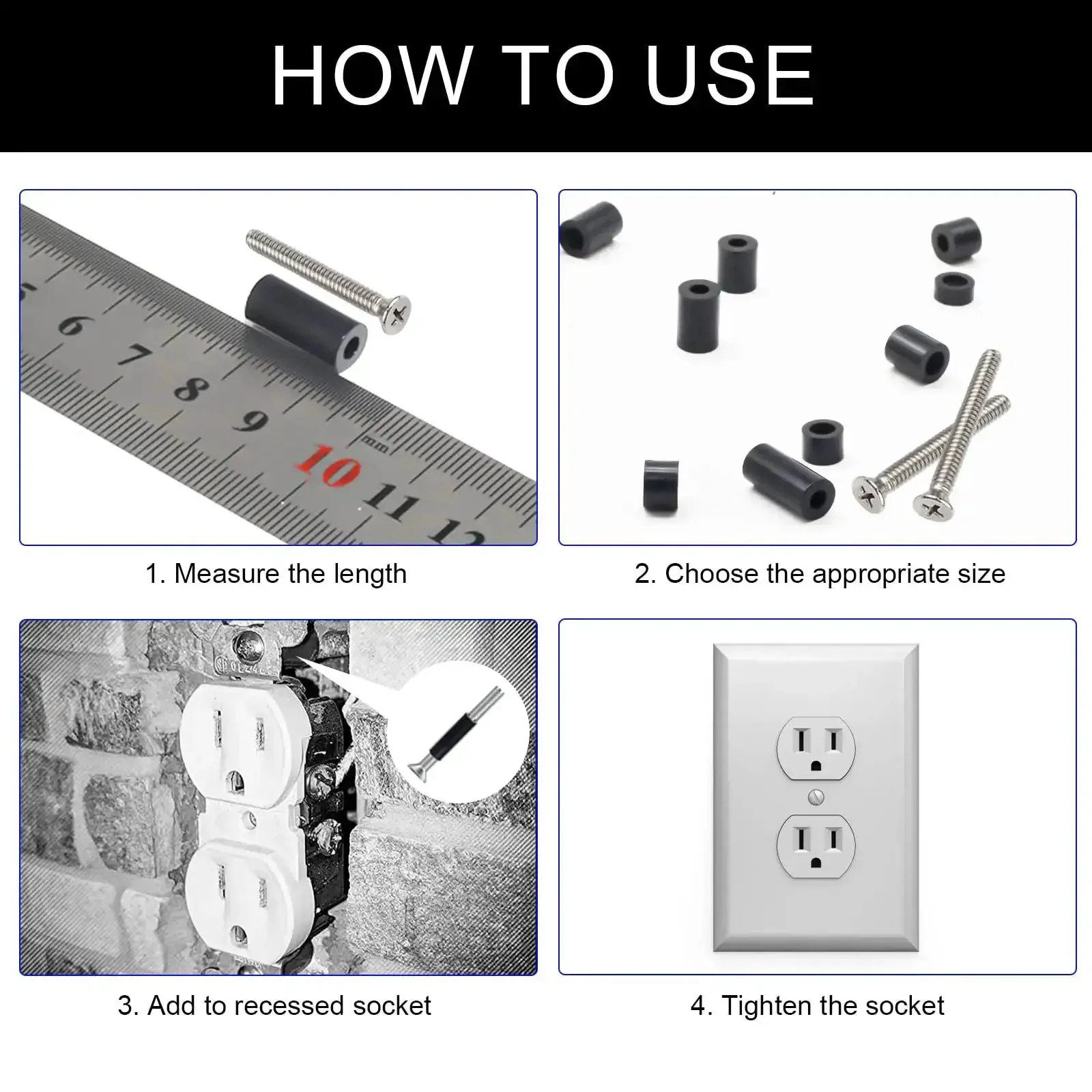 Nylon Outlet Spacer Kit For Electrical Sockets Round Unthreaded Spacers Compatible With M3 And M4 Screws Black Stabilizers To Fix Loose Switches And Receptacles Fast Fix For Unstable Or Sunken Outlets - Image 5