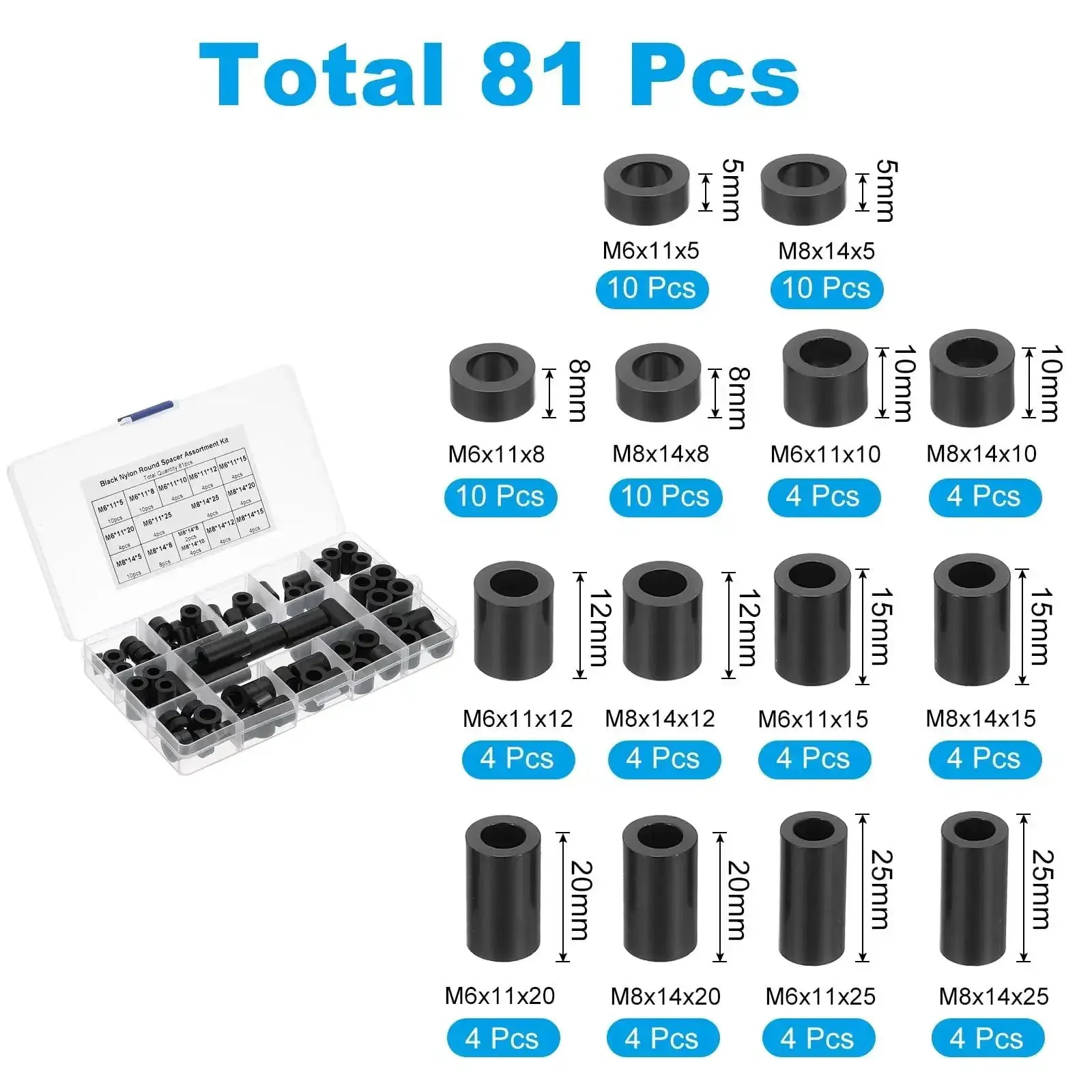 Nylon Spacers Set M6 And M8, 81-Piece Non-Threaded Round Standoffs For PCB Motherboard Circuit Board Switch And Receptacle - Black Assortment Kit For Precise Mounting, Quick Build And Handy Electronics Projects - Image 6