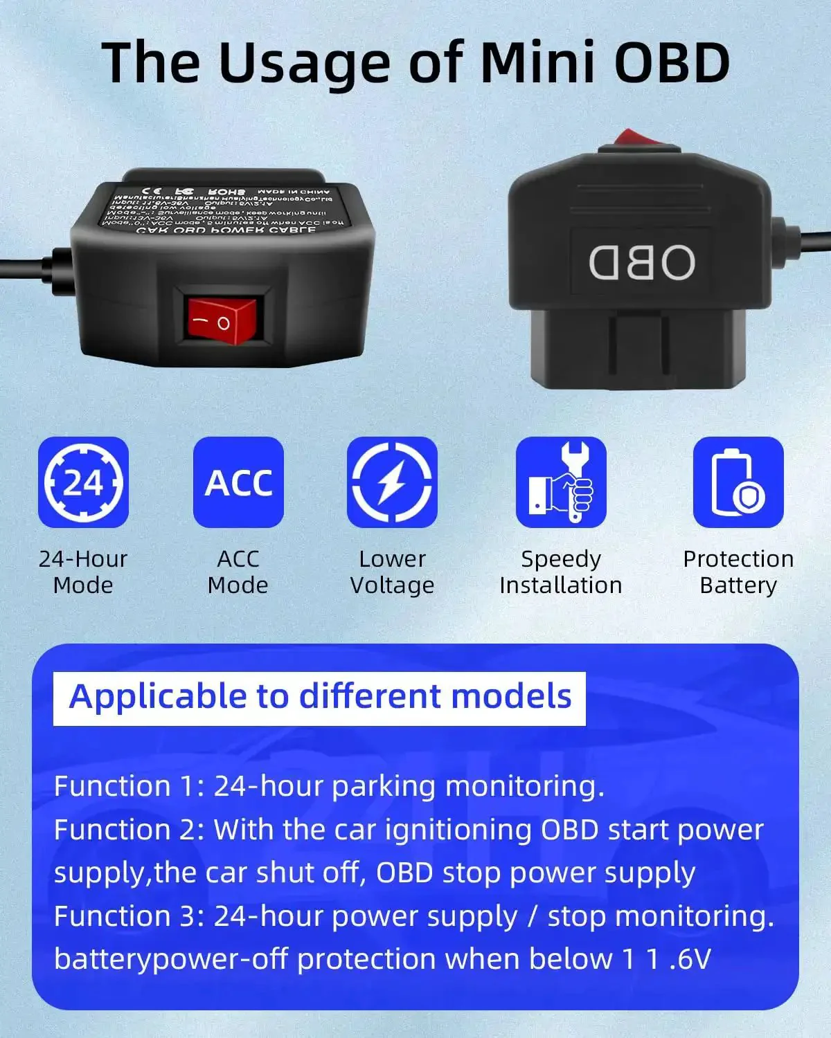 OBD2 To Mini USB Power Cable For Dash Cam With Right Angle USB Adapter Hardwire Charger Switch 24 Hour Surveillance Dual Mode 12V 24V To 5V 3A Eleven Point Five Feet Cable - Image 5