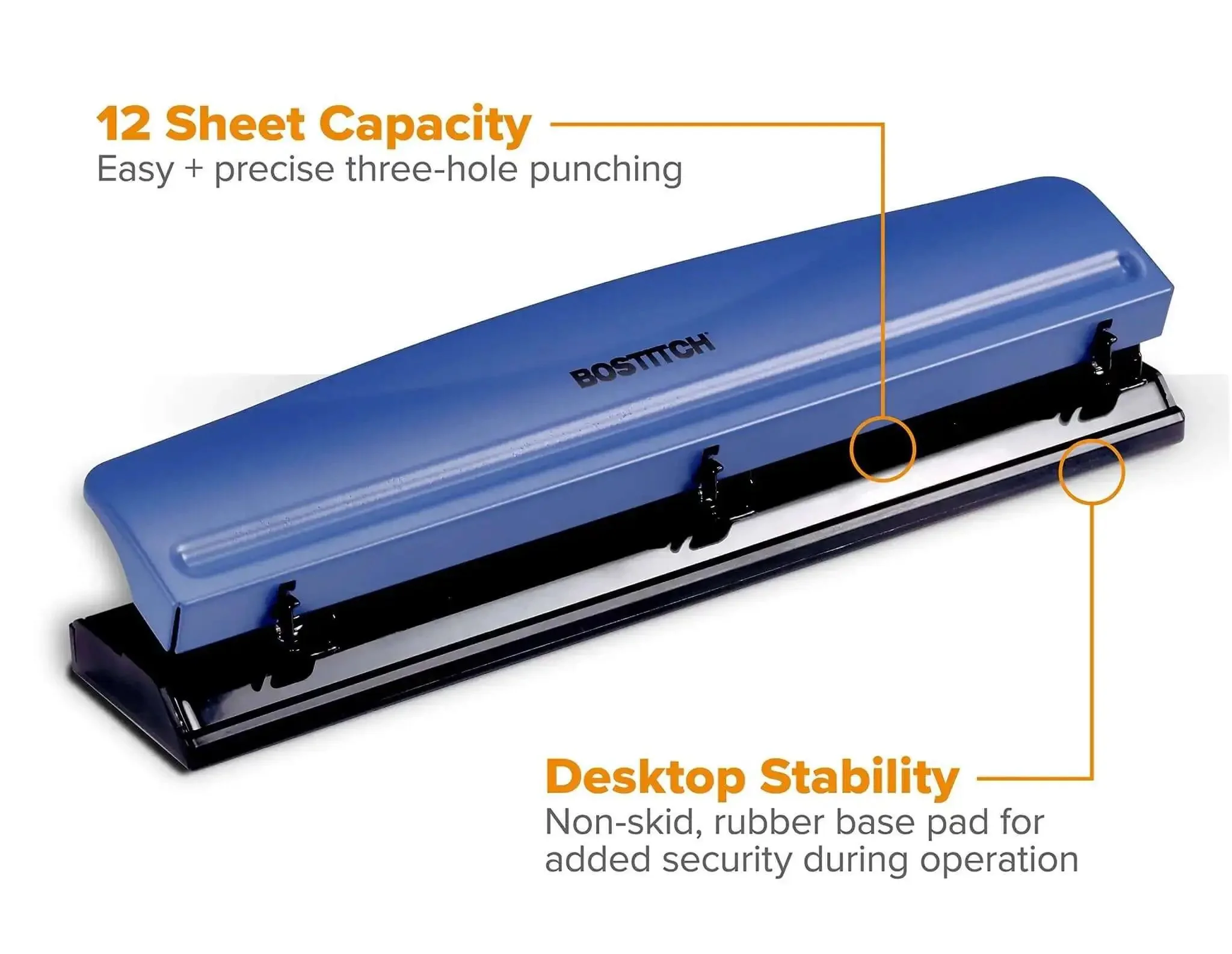 Office Premium 3 Hole Punch That Handles 12 Sheets, Heavy Duty Metal Body With Rubber Base For Desk Protection And Stability, Easy Clean Chip Tray, Durable Workhorse For School And Home Office - Image 5